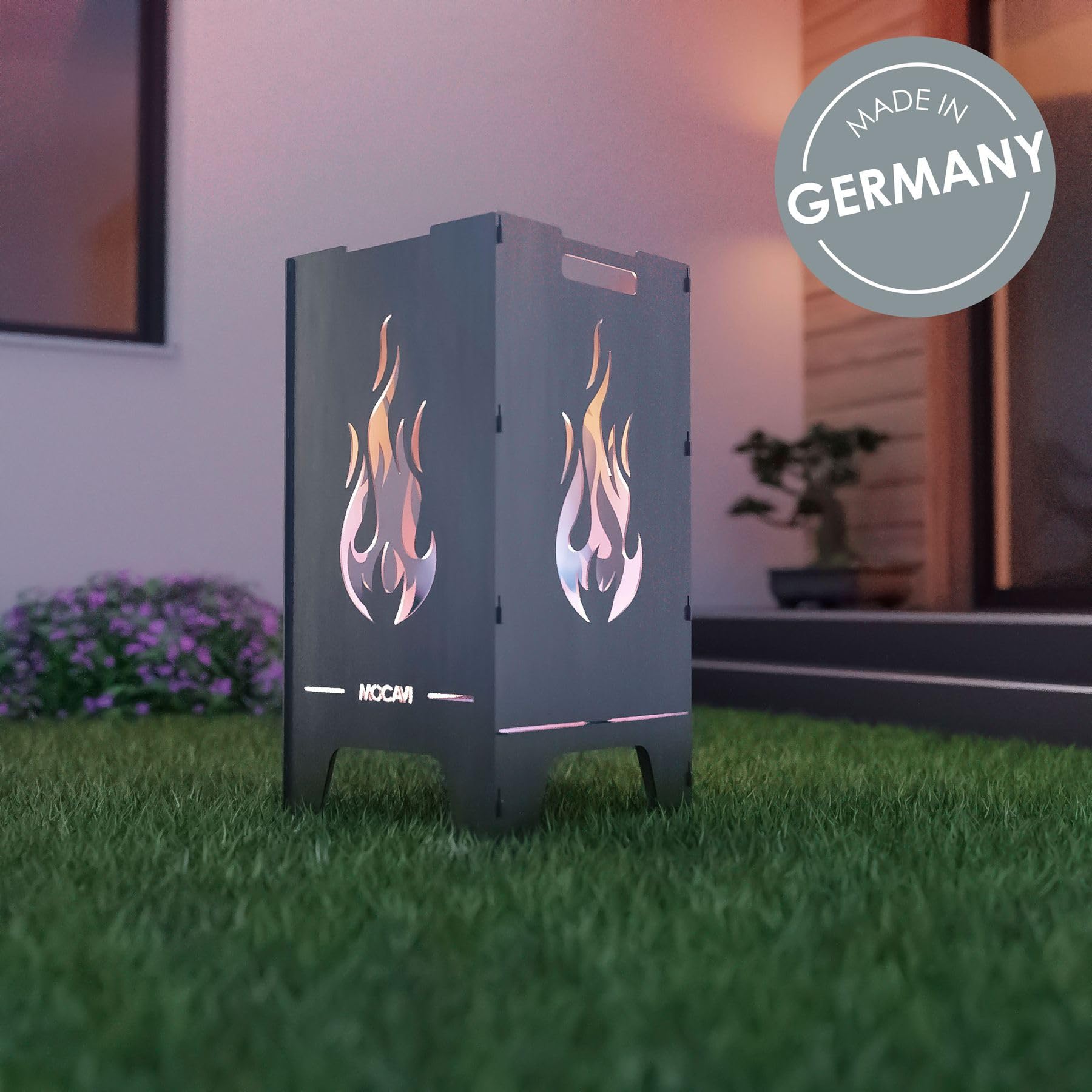 MOCAVI Feuertonne Flamme 73 cm | 3 mm Stahl Feuerschale Feuerkorb massiv robust sicher Design-Brenntonne für Garten und Terrasse groß eckig hohe Feuerstelle Outdoor hitzefest Feuersäule Feuerfass