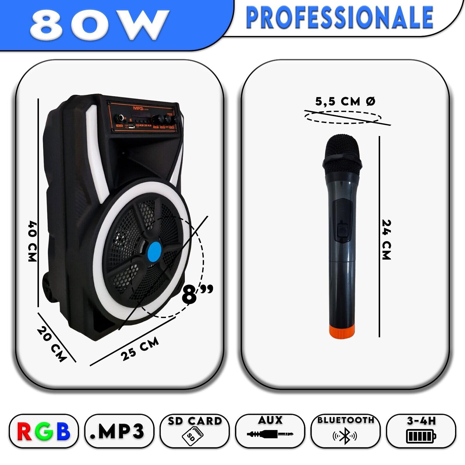 Speaker Bluetooth 50W/60W Portatile Con Microfono E Luci RGB – Subwoofer 8", USB/SD, Batteria Ricaricabile, Equalizzatore