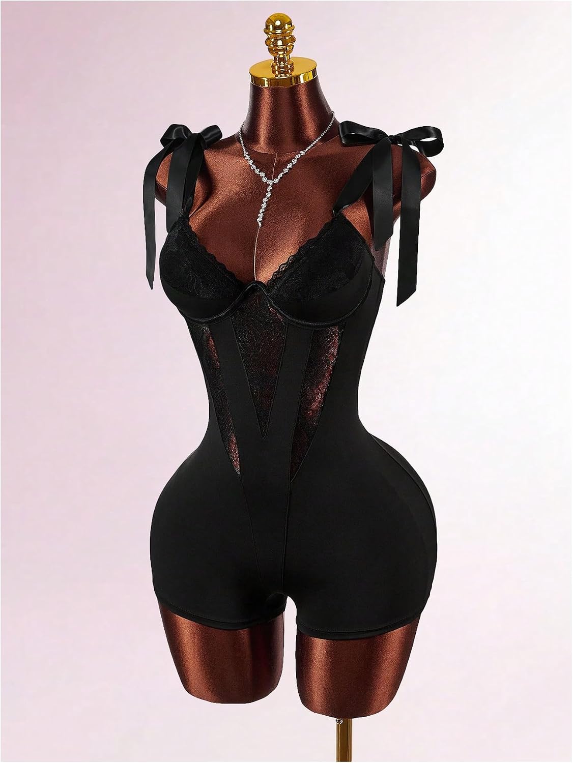 SHENHE Women's Sexy Lace Bustier Top Romper Tie Shoulder Bodycon Unitard Short Jumpsuit