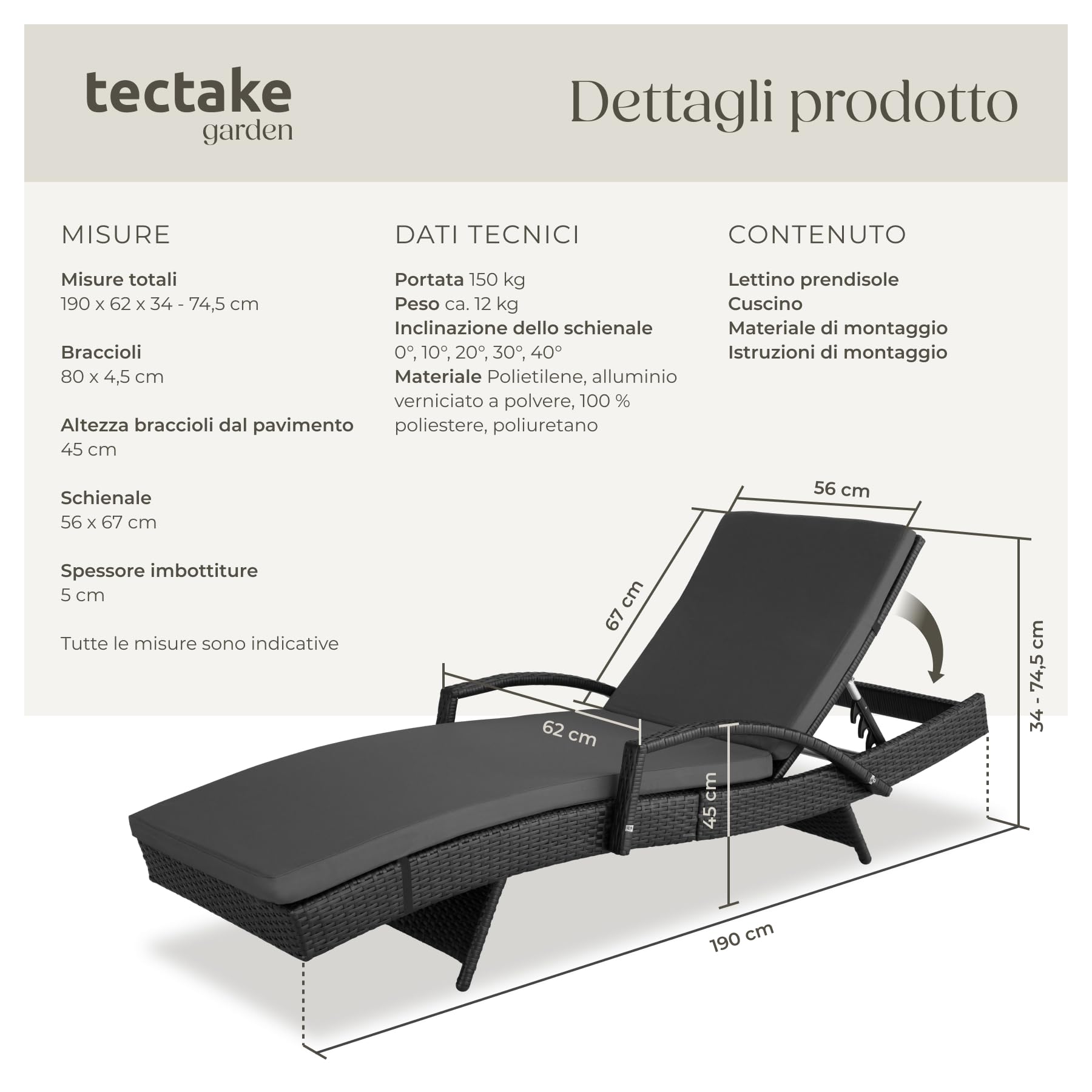 tectake® Lettino Prendisole in Rattan, Struttura in Alluminio, Schienale Regolabile, Cuscino lettino Imbottito Incluso, Lettino Ideale per Giardino, Piscina e Terrazza, Portata 150 kg - Nero