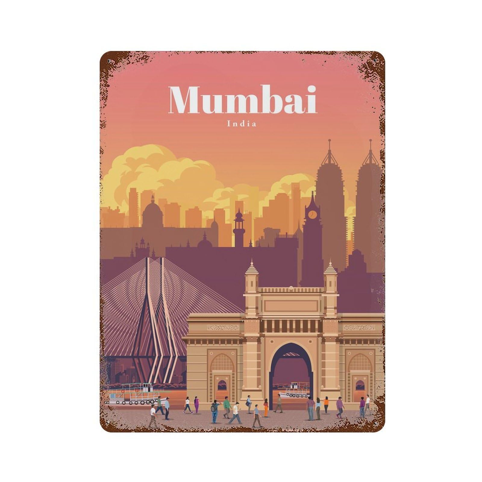 Travel to Mumbai Weathered Tin Sign 15.7"x11.8", Retro Wall Decor for Pub, Kitchen And Man Cave Decor