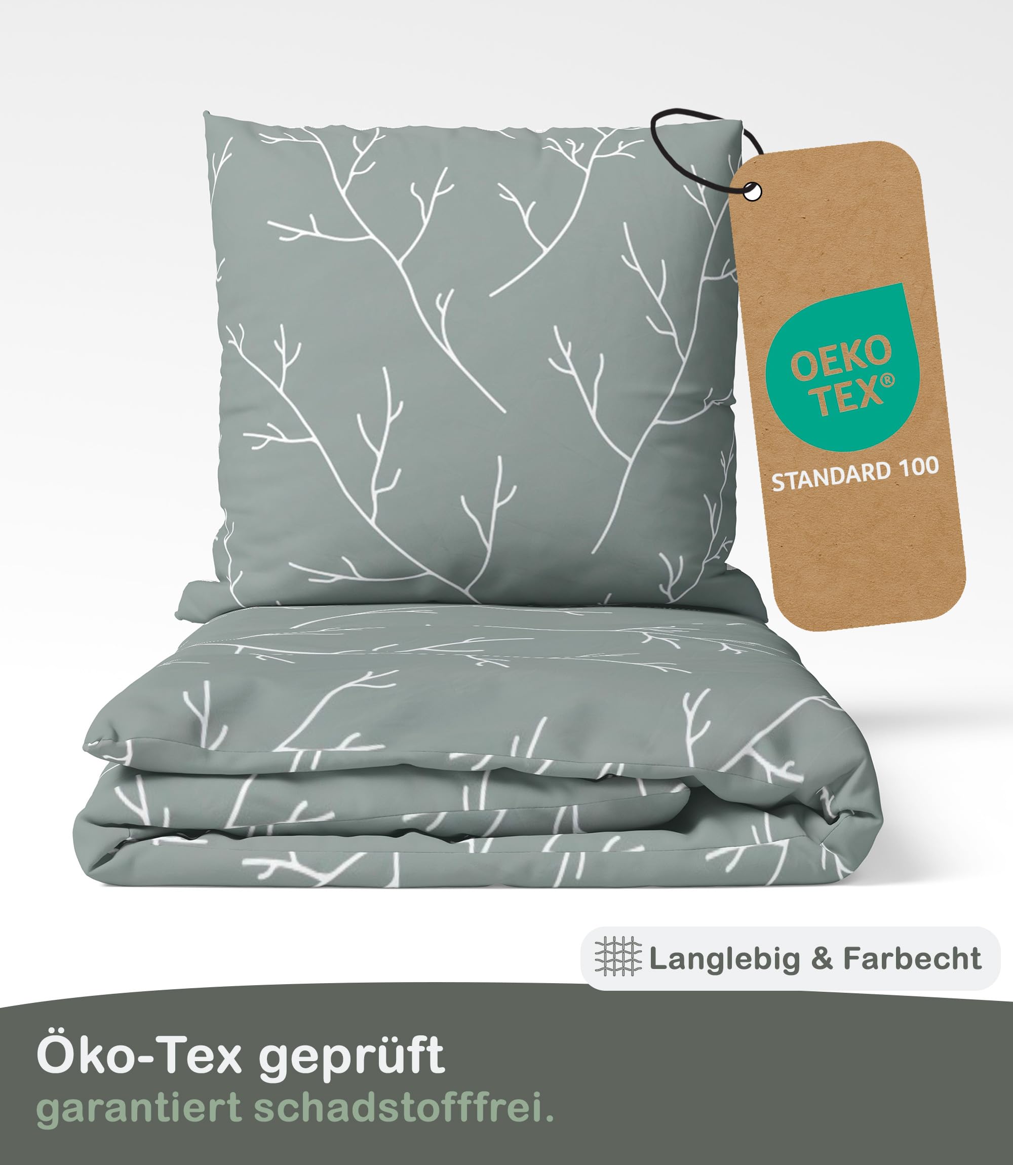 LINKHOFF Renforce Bettwäsche 135x200 Baumwolle 4teilig - Grün mit Blumen 2 Bettbezüge + 2 Kissenbezüge - Grüne Sommerbettwäsche kühlend & bügelfrei - Olivgrün Blätter u. Zweige – Sommer