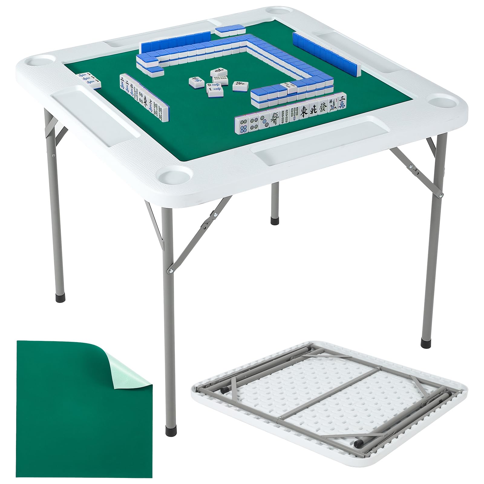 EliteEdge Mahjong Table 35.4 x 35.4-inch, 4 Player Folding Domino Table with Wear-Resistant Green Tabletop, Portable Square Card Desk with Cup Holders