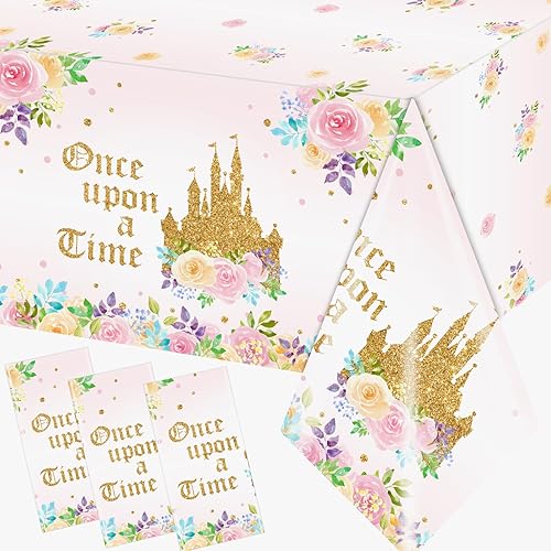 Miniatura 1 de Dydamud Manteles de fiesta de té de princesa, mantel de castillo de princesa, 3 piezas Upon a Time, mantel floral rosa para fiesta de cumpleaños de