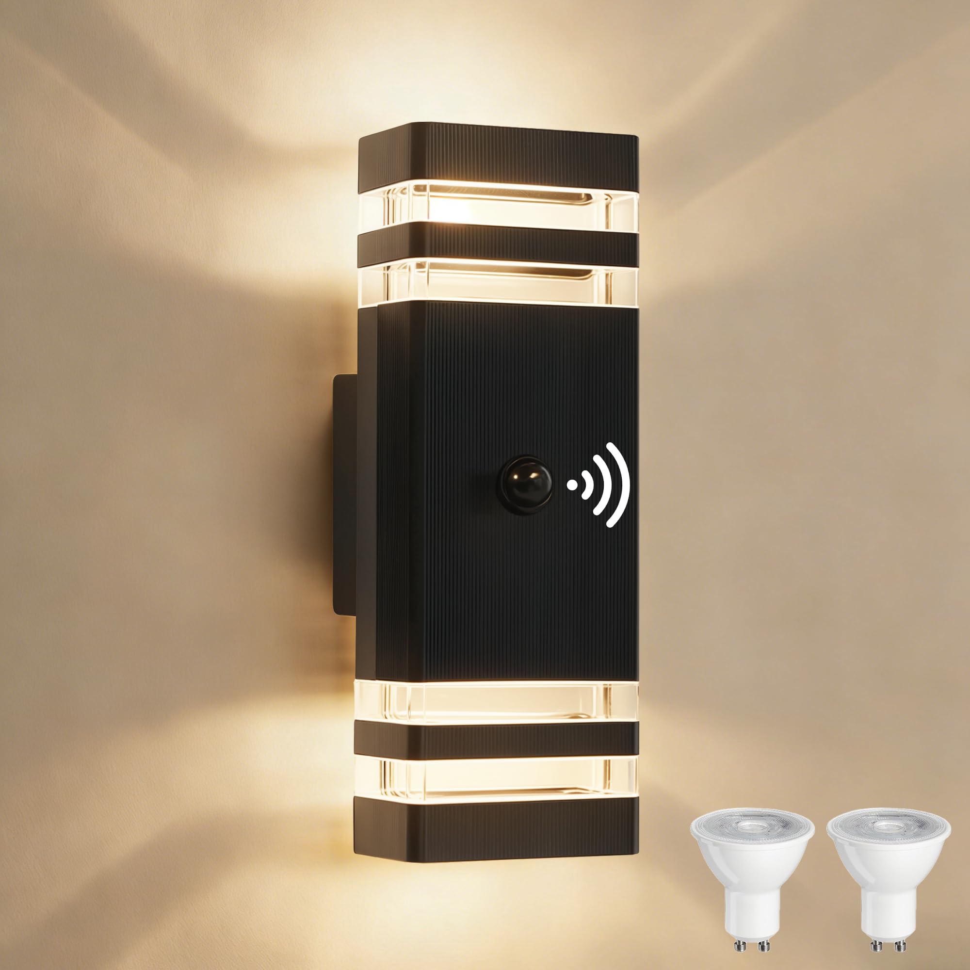 YOVGQOLV Outdoor Wall Lights PIR Motion Sensor, IP54 Waterproof Up Down Outside Light Mains Powered for Front Door Porch, Incl. 2x5w 3000K GU10 Bulb, Aluminium Exterior Wall Lamp, Black, 1 Pack