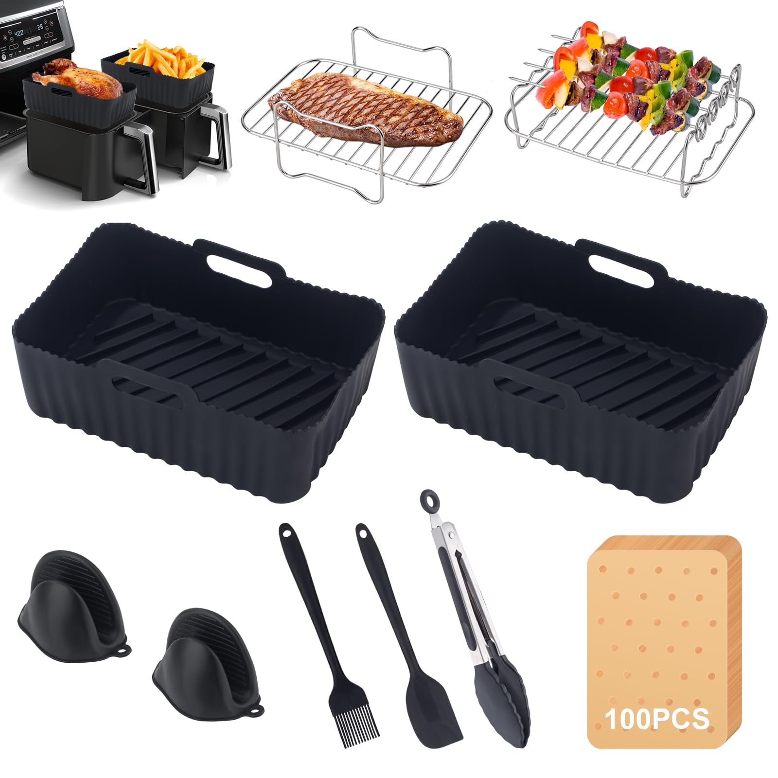 Air Fryer Accessories, Silicone Air Fryer Liner for Ninja Foodi Dual Air Fryer AF300UK AF400UK AF451UK Tower T17088, 10Pcs Air Fryer Accessories, Reusable Silicone Air Fryer Liner, Racks, Gloves etc