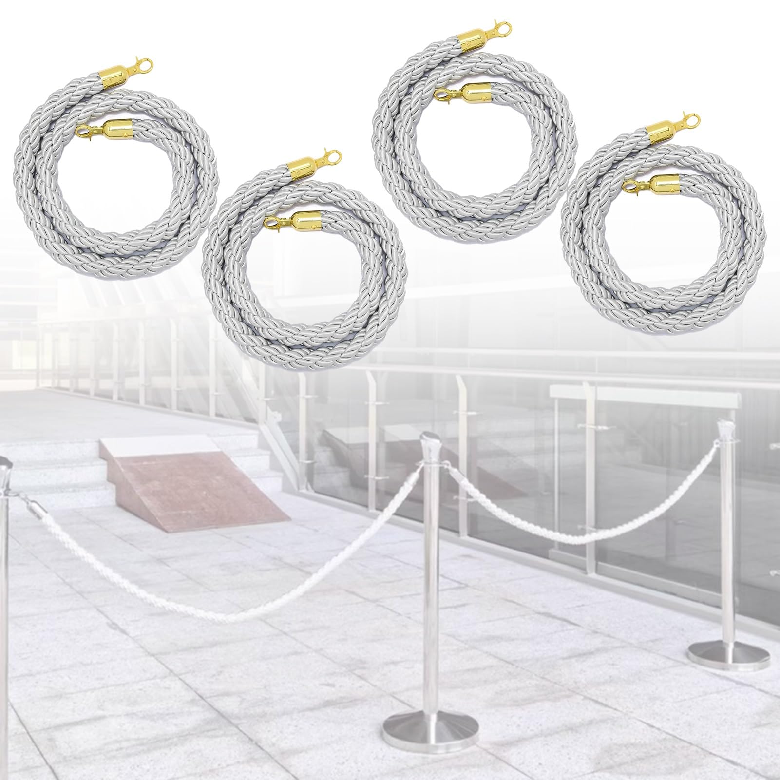 Grey Stanchion Post Rope with Hook, 4 Pack Crowd Control Barrier Rope for Red Carpet/Airport/Bank/School, 3ft to 10ft Twisted Velvet Rope(Gold Hook,2.5m/8.2ft)