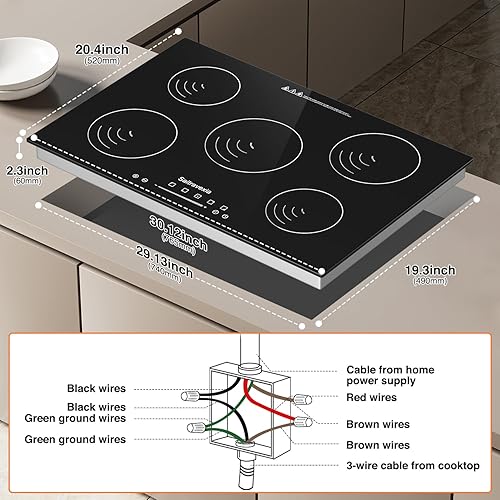 Miniatura 6 de Placa de cocción de inducción de 30 pulgadas, 5 quemadores, estufa de inducción integrada de 7200 W, 5 quemadores de potencia eléctrica, bloqueo