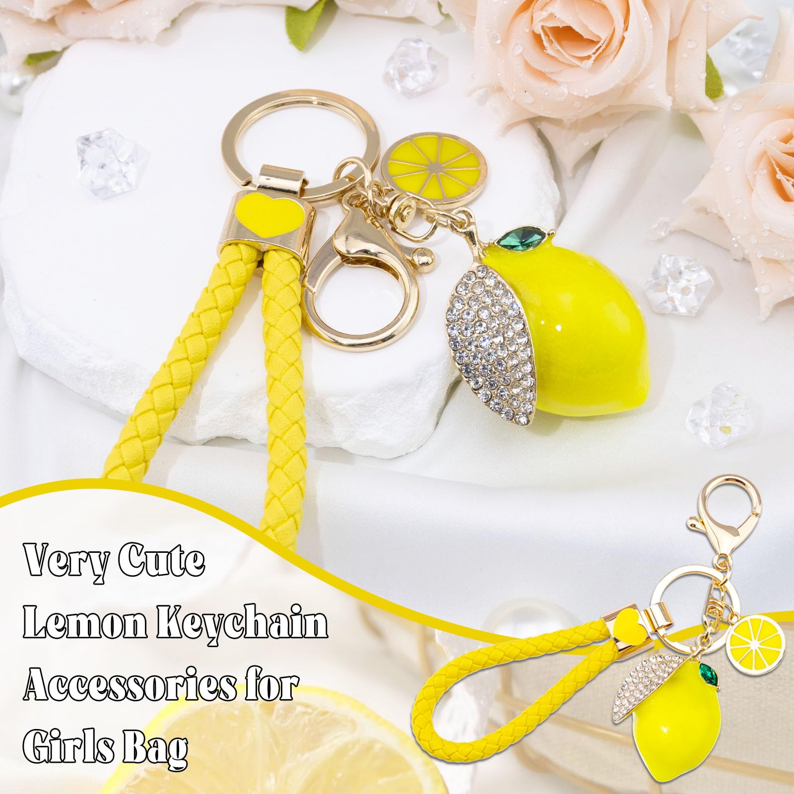 Lemon Bag Charm Gifts for Women Lemon Keychain Fruit Keychain Yellow Crystal Rhinestone Key Chain Fruit Keyring for Purse Bag Backpack Car Jewelry Gift for Girls Friends Family Accessories