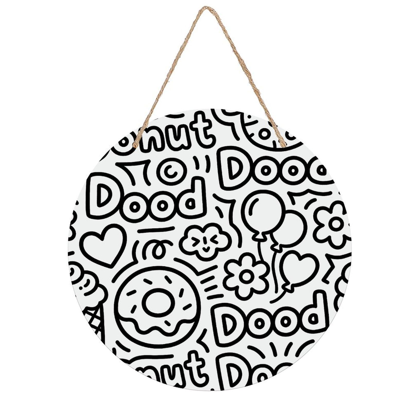 LZQPOEAS Donut Dood Round Wood Wall Art Painting, 7.9 Inch Circular Wooden Door Hanger Decorative Paintings, Rope-Hanging Wooden Wall Plaque for Home Decor And Office Party