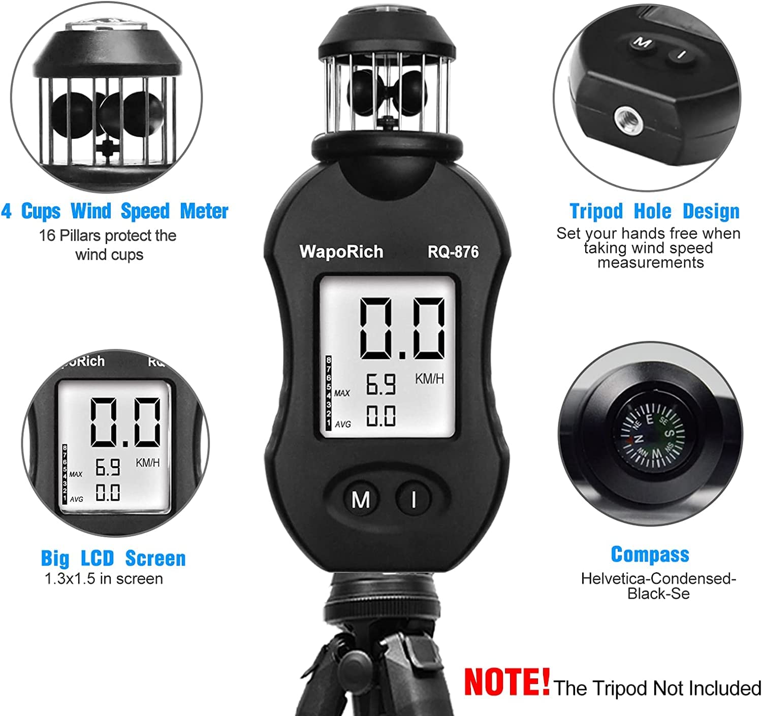Anemometro a tazza a 360° portatile, WapoRich RQ-876 misuratore di velocità del vento con velocità del vento/temperatura del vento/test massimo/medio per HAVC, volo con drone, pesca, tiro