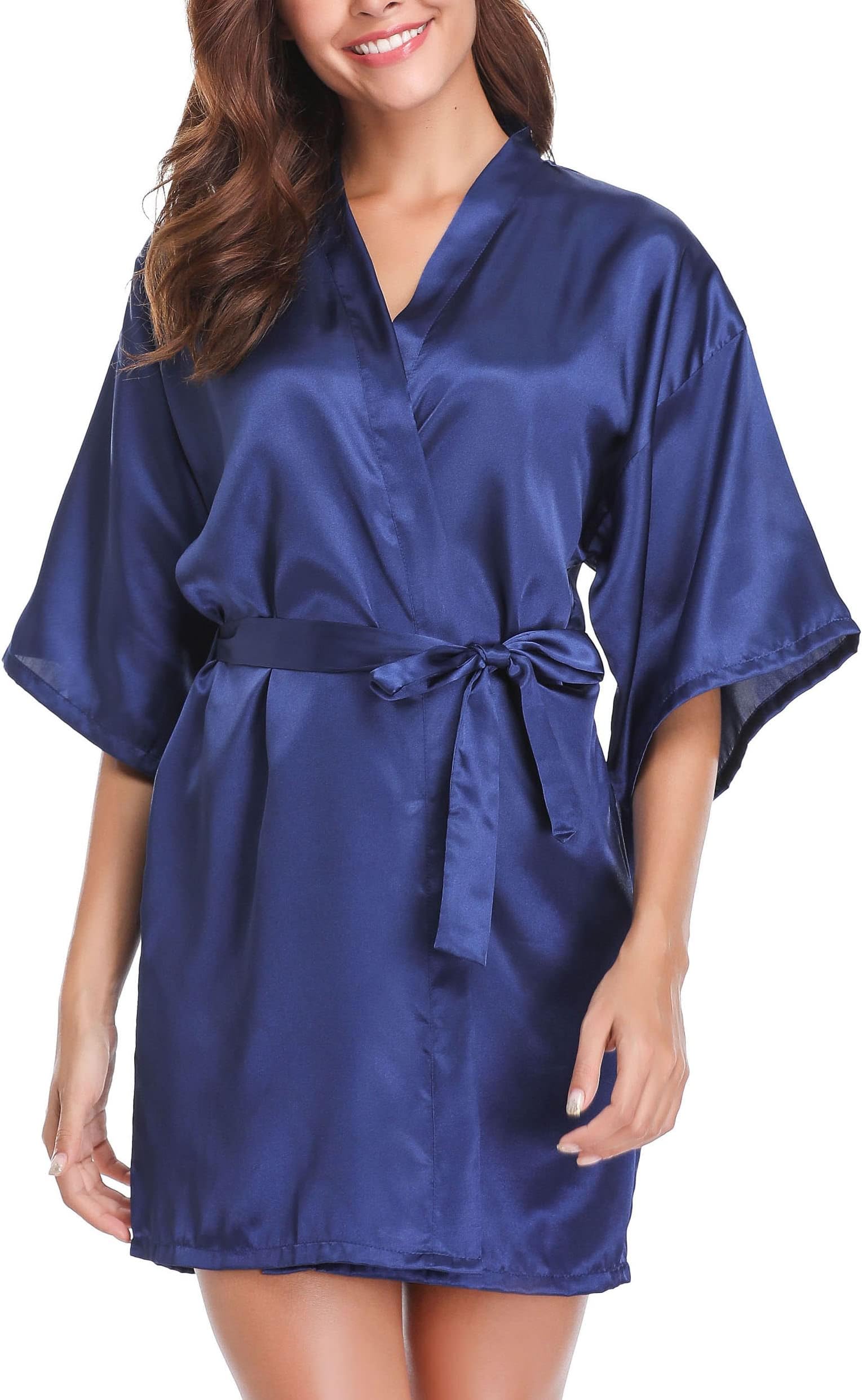 VlazomWomens Kimono Robes Dressing Gown Satin Bathrobe Nightdress Short Style Bridal Robe with Oblique V-Neck