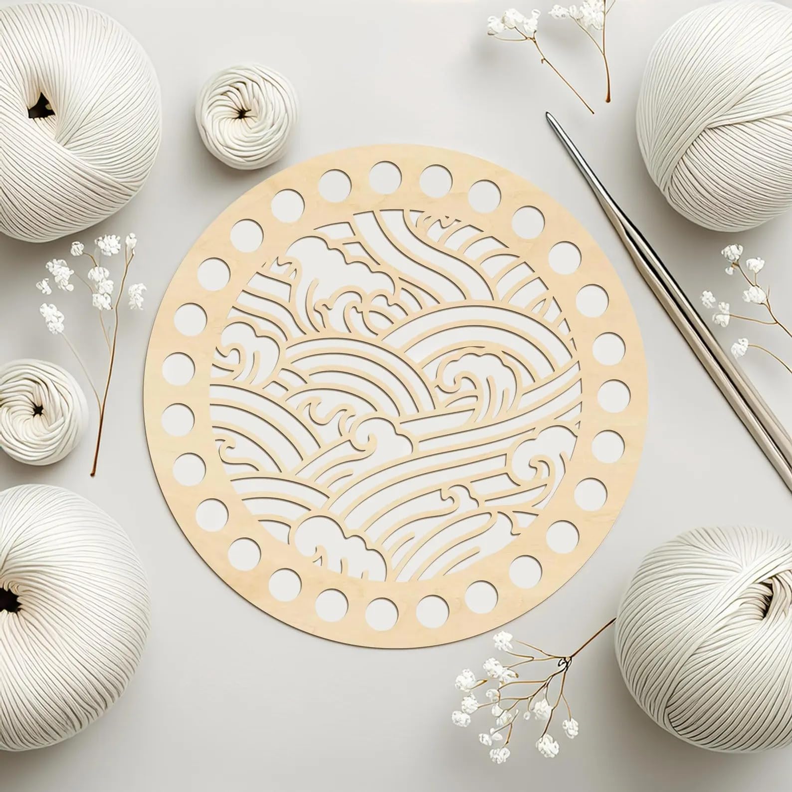 Curious Button Wooden Round Crochet Base with Wave Pattern | Size:8" 2.7mm Thick | DIY Knitting, Macrame & Crochet Basket Making Board | Laser Cut Craft Board for Handmade, Home Décor Set of 2