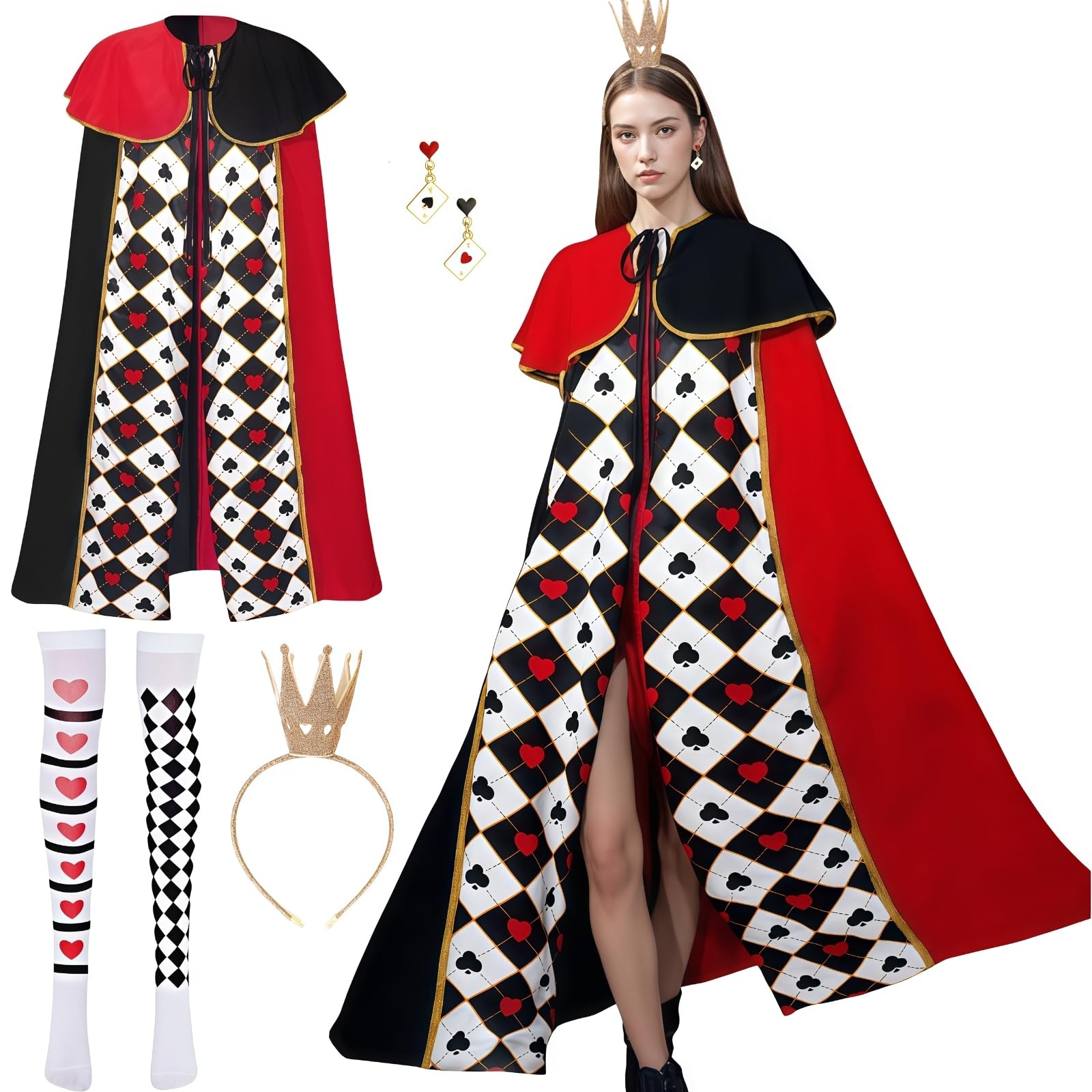 Buyzzus Queen Costumes Women 4Pcs Red Heart Cloak Set with Queens Cape Crown Hairband Earrings Socks, Red Queen Fancy Dress Outfit for Halloween Cosplay Party