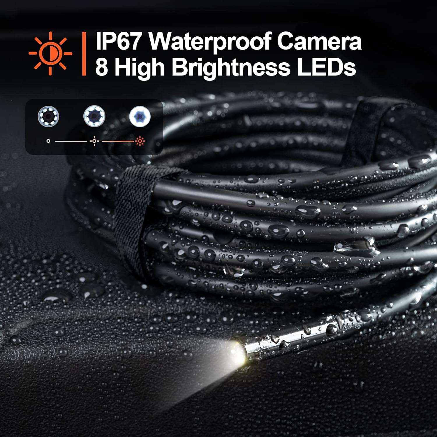 Close-up of the Teslong endoscope camera probe with 8 high brightness LEDs and IP67 waterproof rating