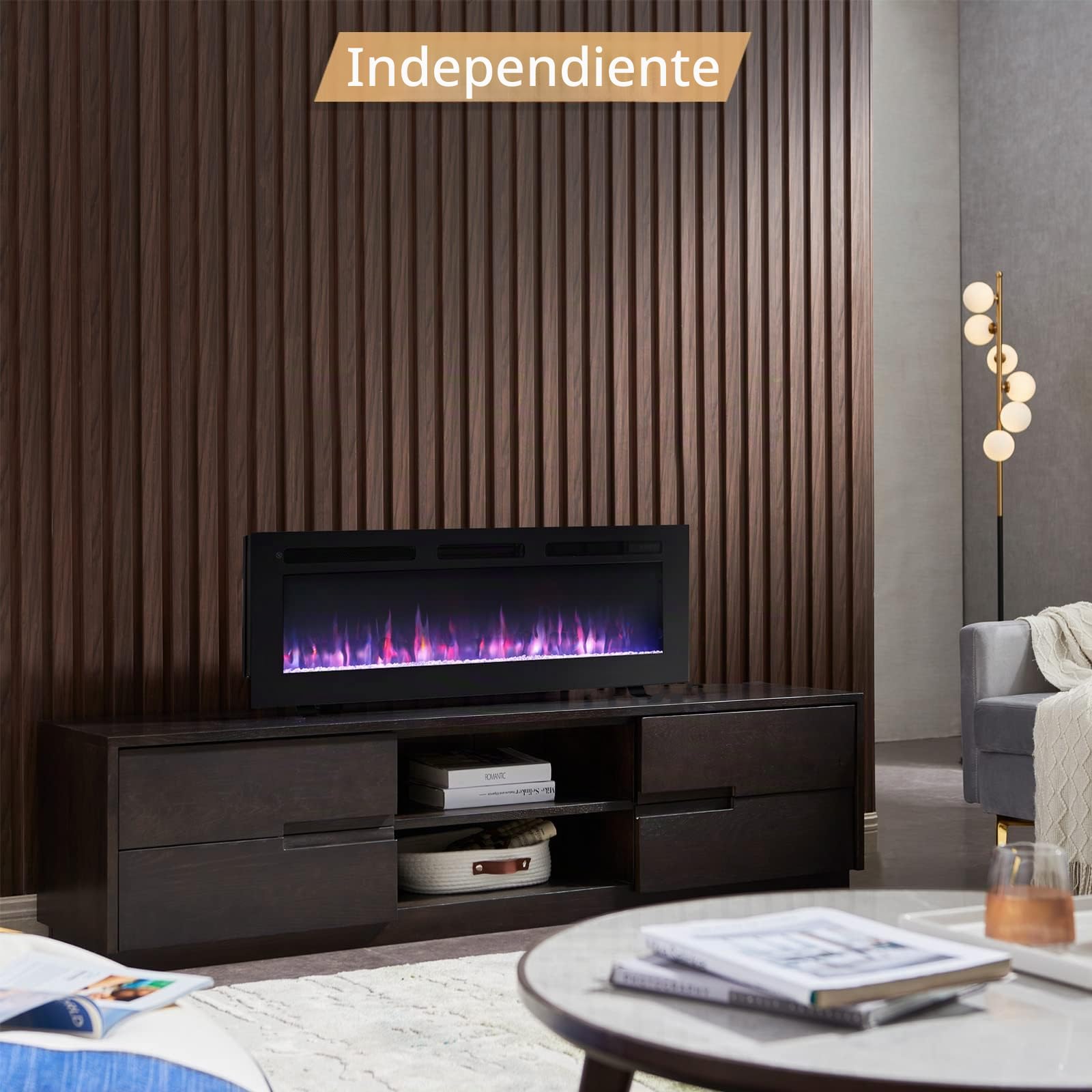 FLAMEKO Wilton,Chimenea eléctrica 3 en 1 de 127 cm, independiente, montaje en pared, empotrada, efecto de llama de 9 colores, compatible con pared multimedia,1800 W, control remoto