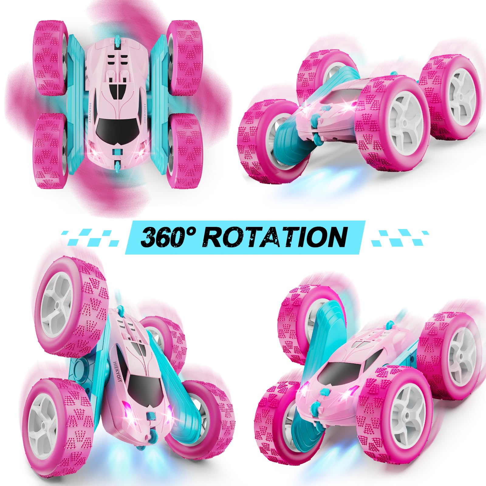 HIEKYOIT Remote Control Car, Pink RC Cars for Girls, 2.4 GHZ Double Sided RC Stunt Car 360° Rotating Remote Control Crawler with Headlights Cars Toys for 6 7 8 9 10 11 12 Girls Birthday