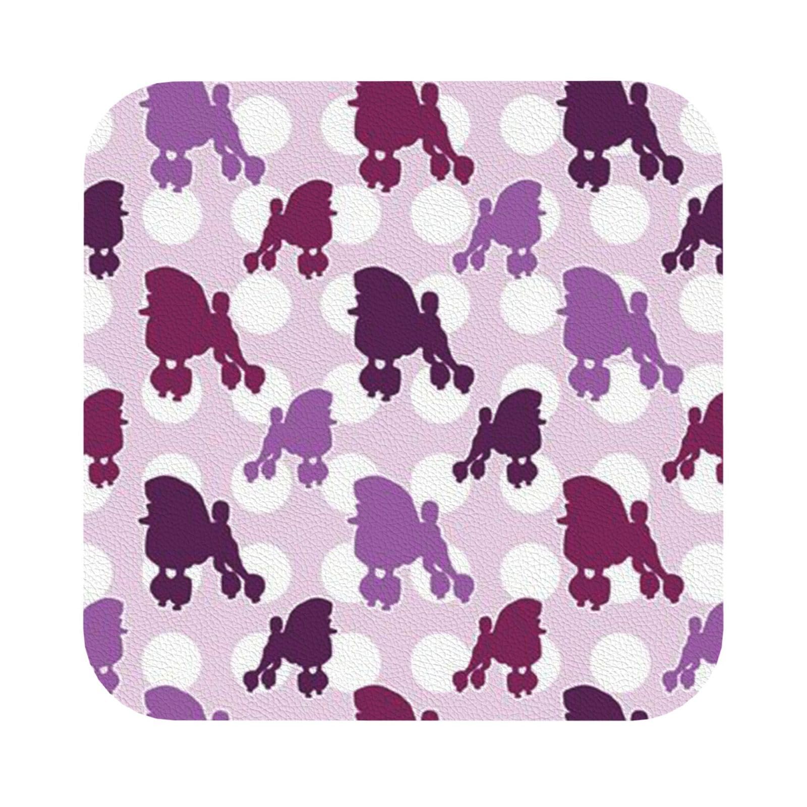 purple Poodle Polka Dot PU Leather Coasters Set of 6 Square Drink Coasters