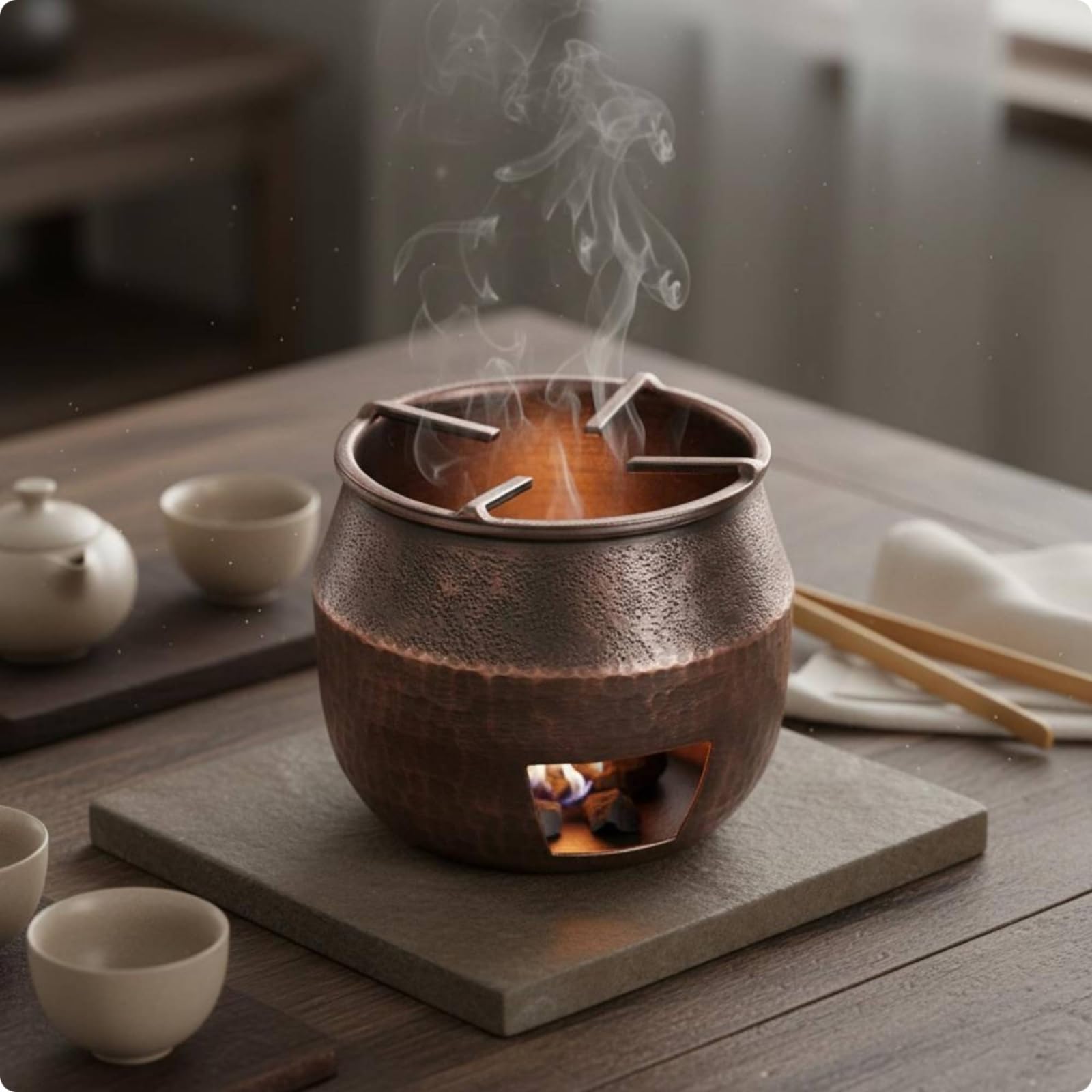Scaldavivande in Rame Interno Fornello per Tè Fornace Stufa a Bricchette Calore Controllato per Tisane E Pentolini Adatto per Momenti Conviviali Decorazione Domestica Relax Quotidiano