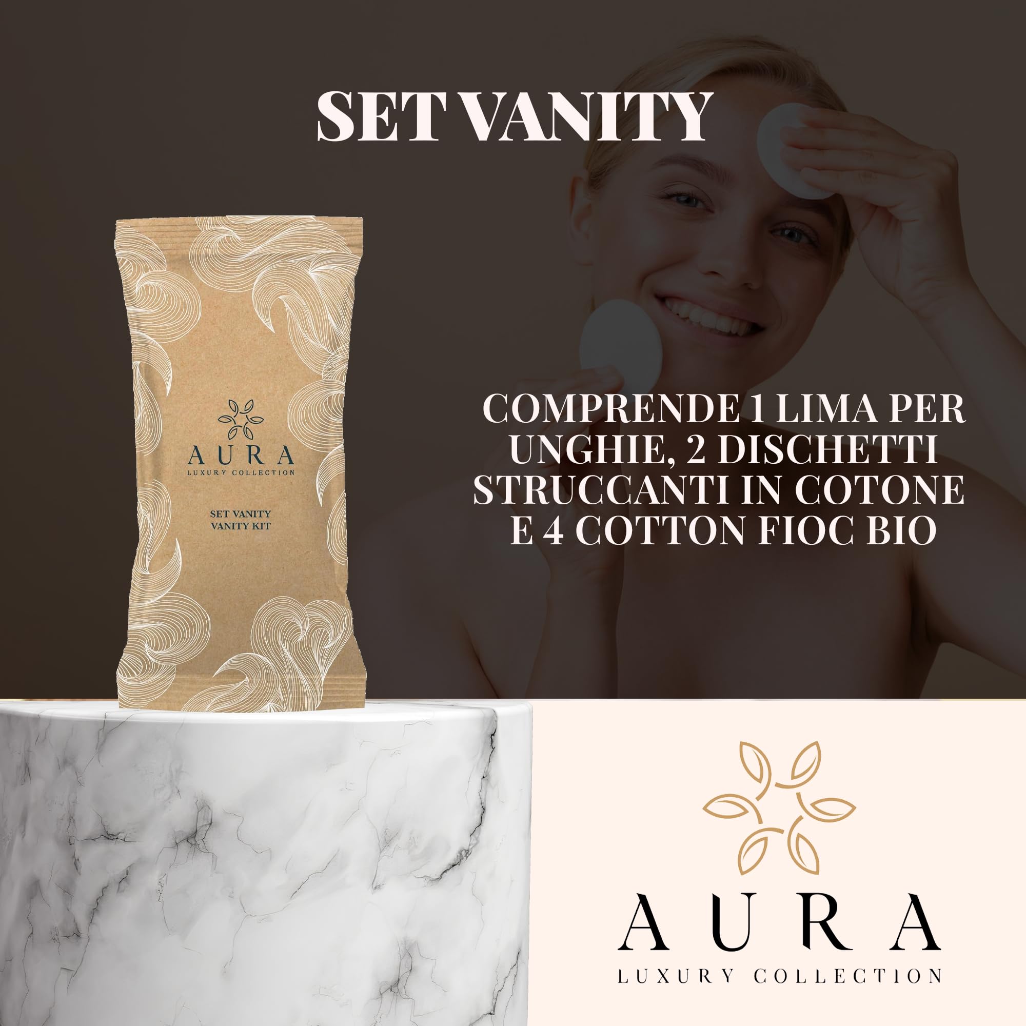 Aura Luxury Collection Zestaw 260 sztuk z kremem do ciała, szampon prysznicowy, luksusowe jednorazowe kapcie, zestaw Vanity, zestaw do golenia, zestaw do higieny jamy ustnej + 500 zespołów
