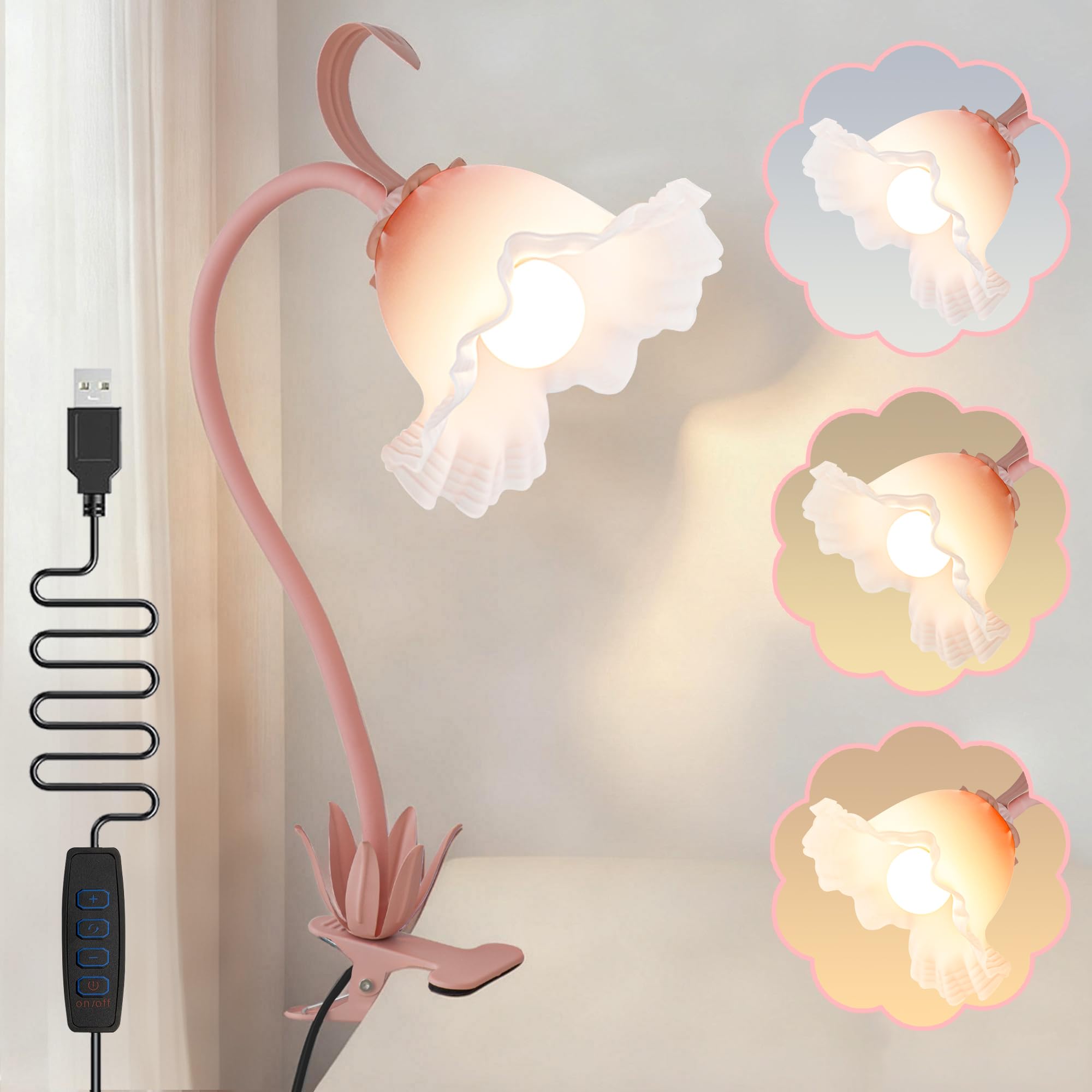 Lampada da lettura alimentata tramite USB, a forma di fiore di giglio | 3 temperature di colore, 10 livelli di luminosità, interruttore in linea, luce soffusa per letti, scrivanie e testiere
