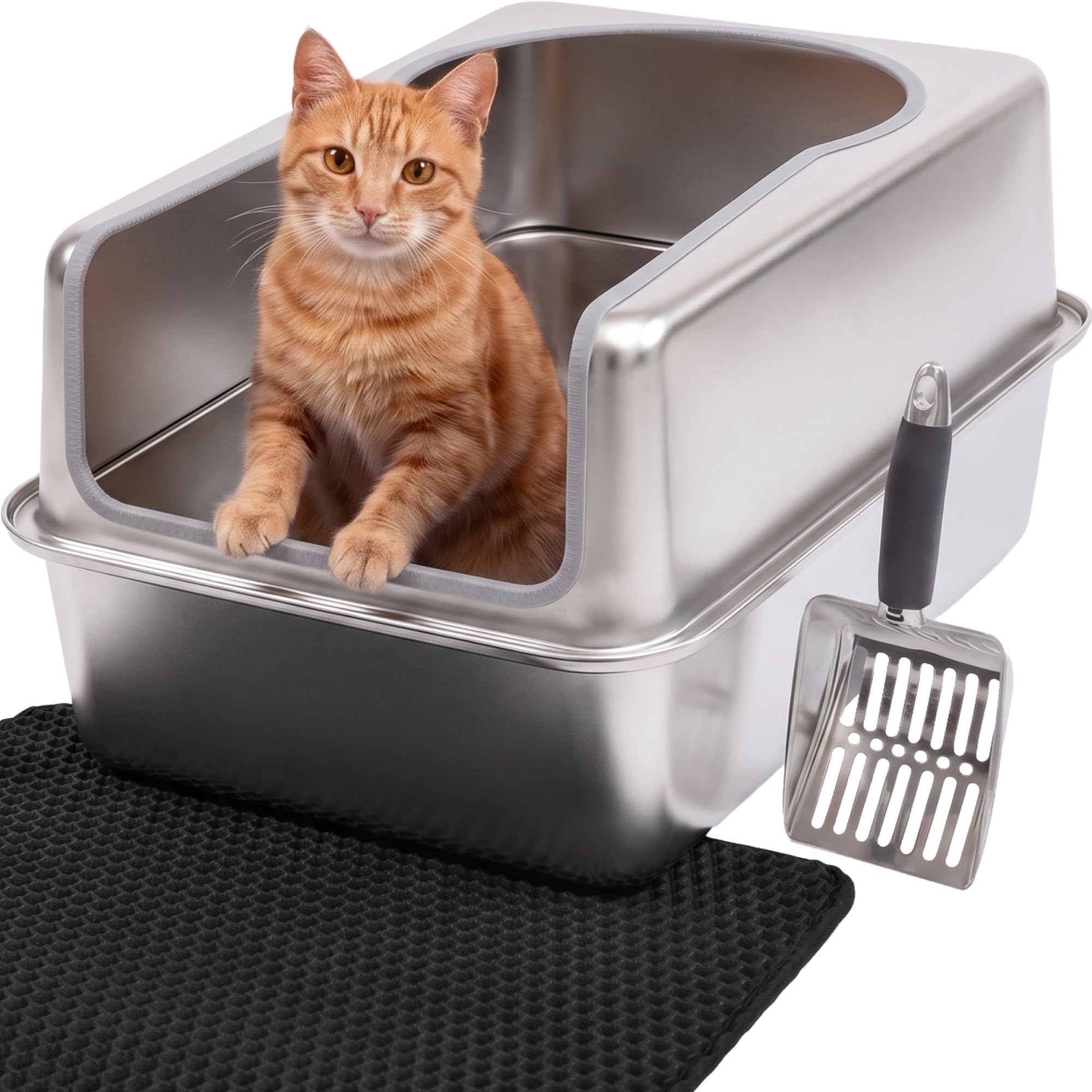 Stainless Steel Cat Litter Tray XXL – Easy to Clean, Odour-Resistant – High-Sided Cat Toilet, 38L – Leak-Proof, Non-Stick Coated – With Scoop & Mat