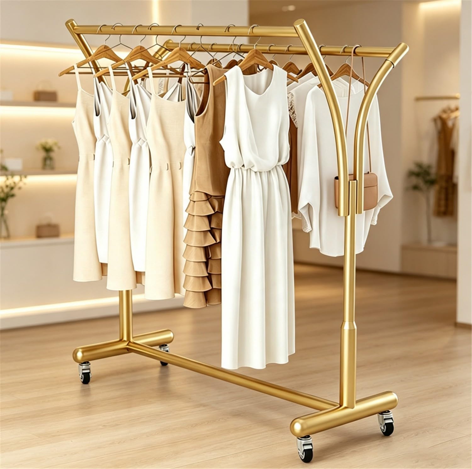 MEYEBP Gold Double Rod Garment Rack Coat Rack With Lockable Wheels