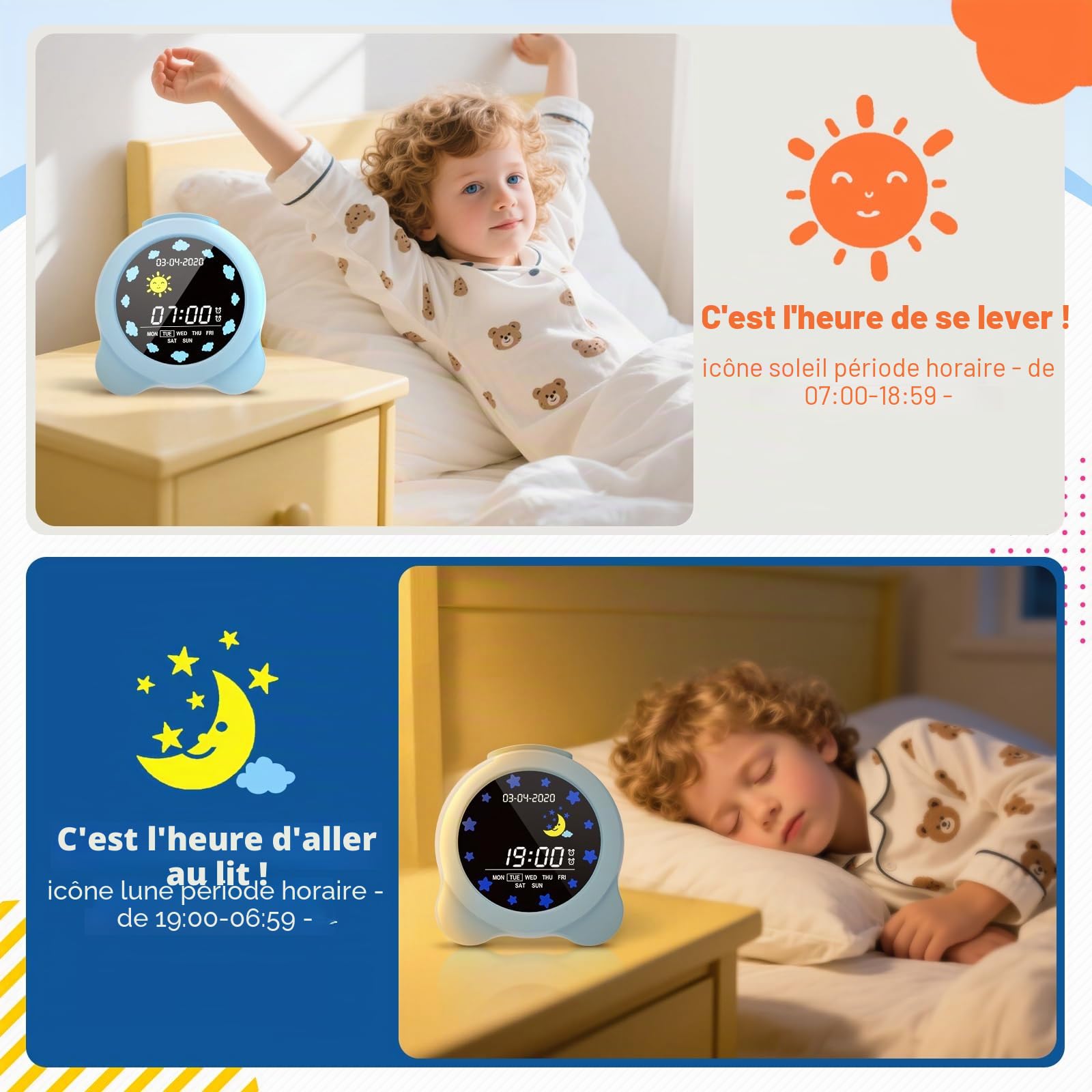 Réveil pour Enfants, Horloge Digitale avec Modes Jour/Nuit Écran LCD