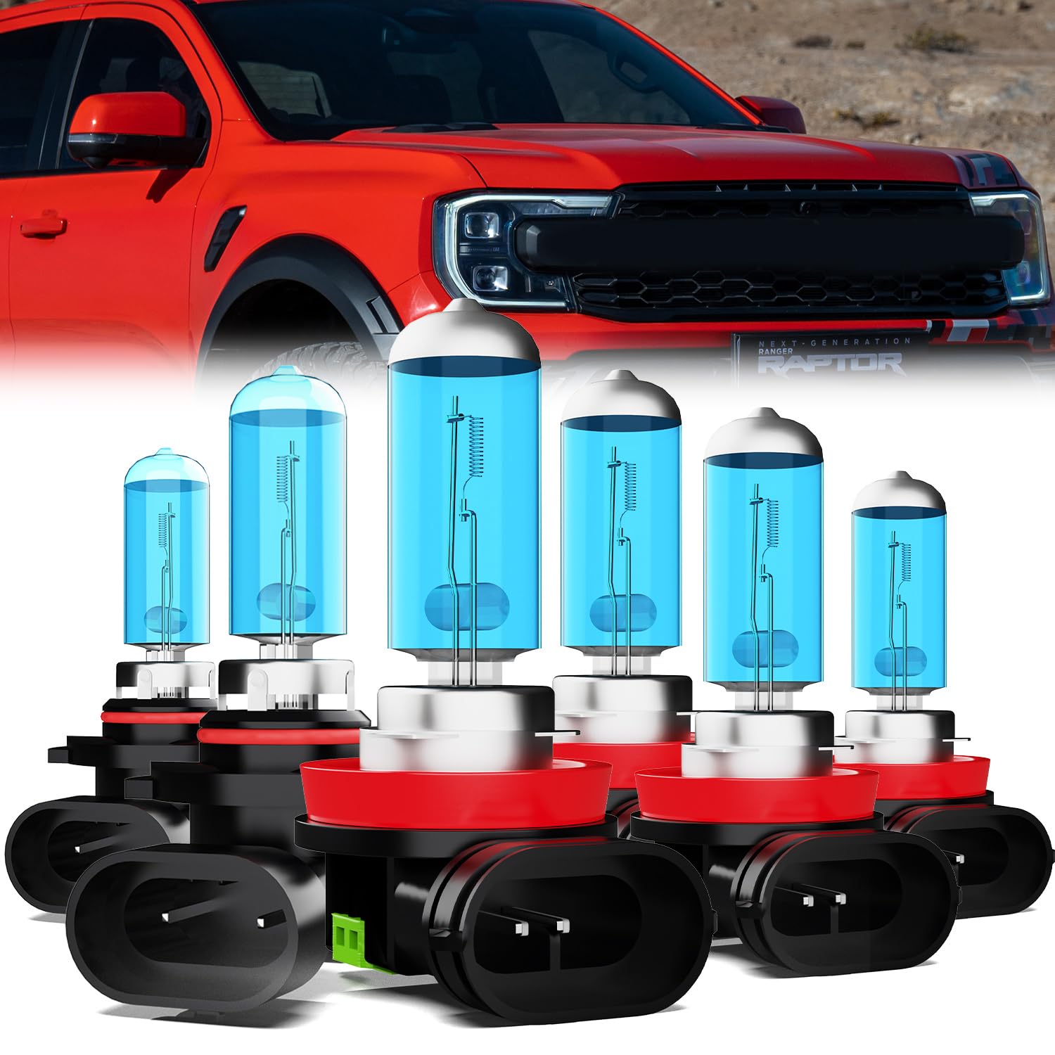 Headlight Bulbs Compatible With Ford Ranger 2023, H11 High Beam + 9005 Low Beam + H11 Fog Lights Halogen Light Bulb Combo, Super Bright 6000K White, Plug and Play, Pack of 6
