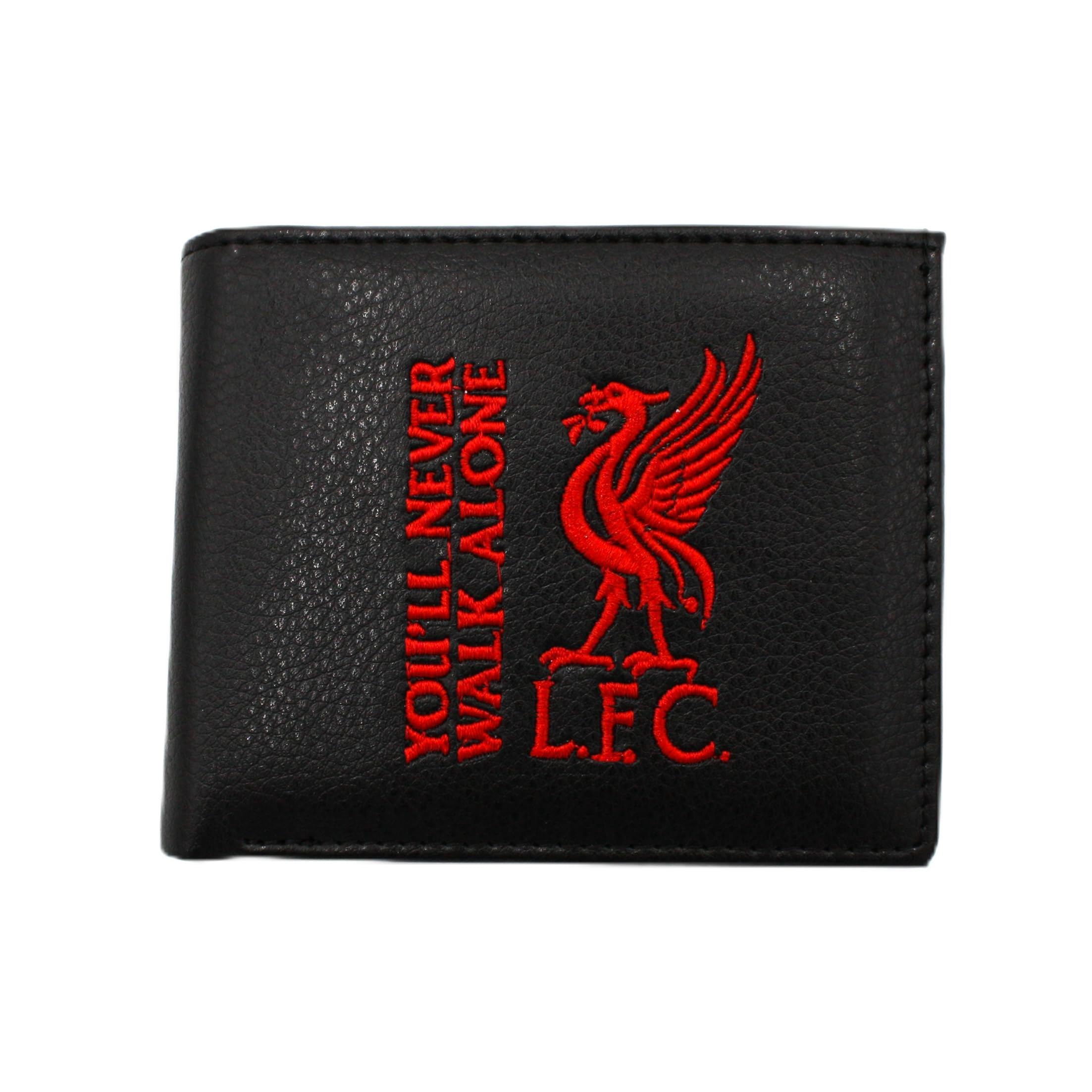 Liverpool FC Black PU Leather Bi-fold Wallet, Embroidered Red Logo Design, YNWA Football Club Merchandise