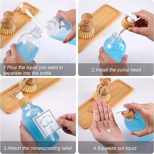 Miniatura 6 de Zopeal Juego de 4 dispensadores de jabón de cocina de 16 onzas, dispensador de jabón para platos con bandeja de bambú y cepillo para platos, juego