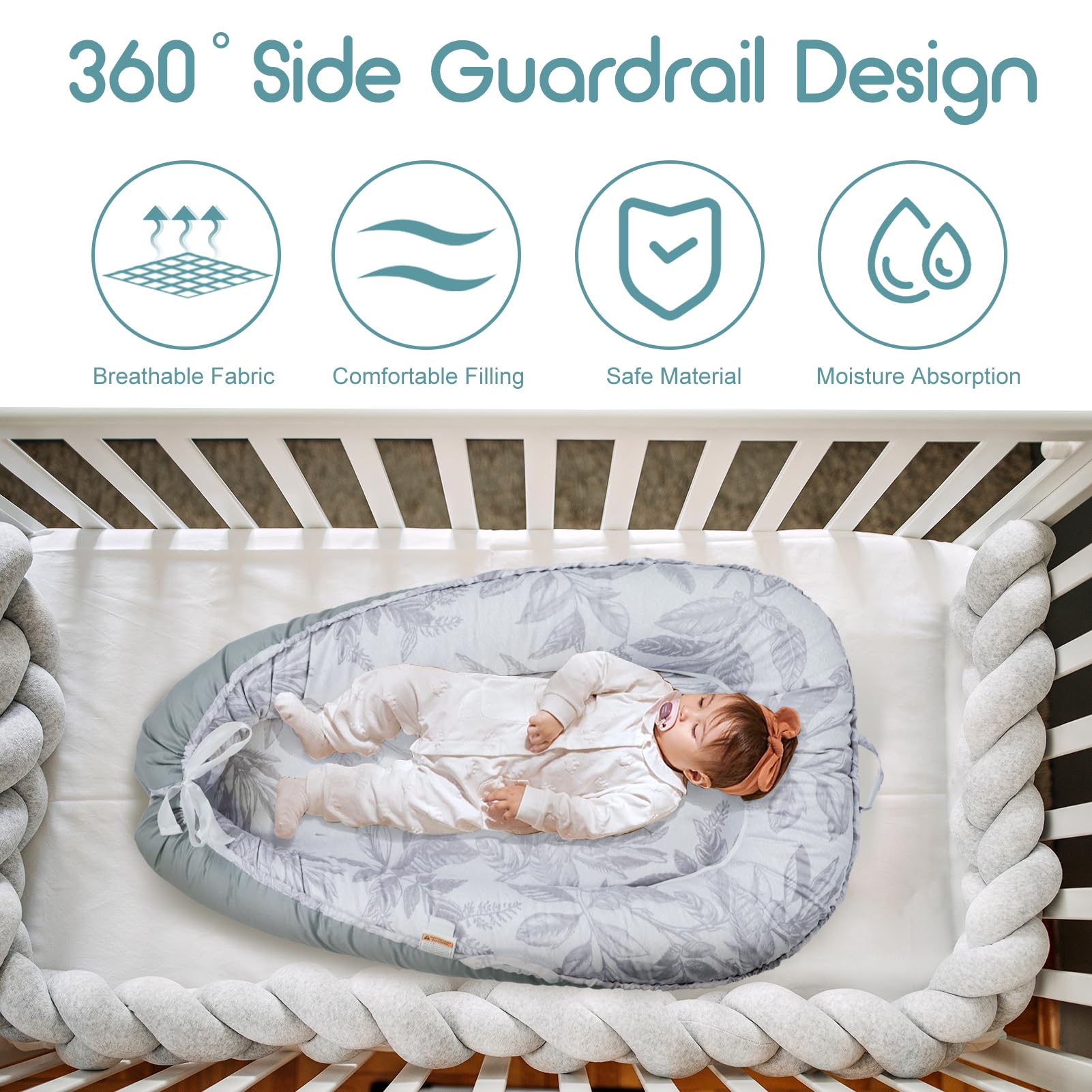 Wdmiya Baby Nest Pod for Newborn Baby Lounger for 0-12 Months Boys Girls, 100% Cotton Baby Nest, Baby Essentials for Newborn (Grey) - Image 4