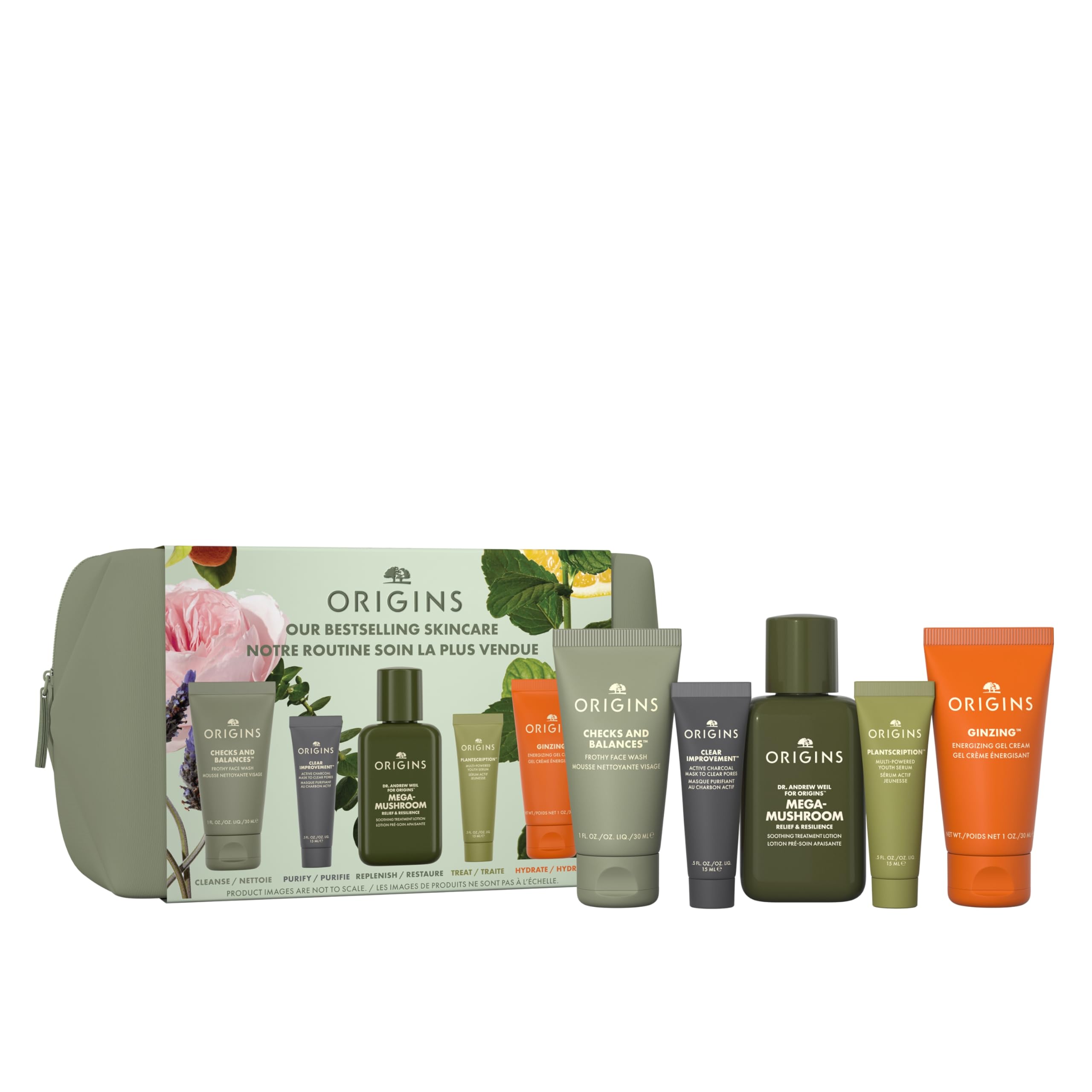 Origins Best Sellers Set by Origins for Women - 5 Pc 1oz Checks Face Wash, 3.8oz Lotion, 0.5oz Clear Charcoal Face Mask,1.62oz Serum, 1.69oz Moisturizer