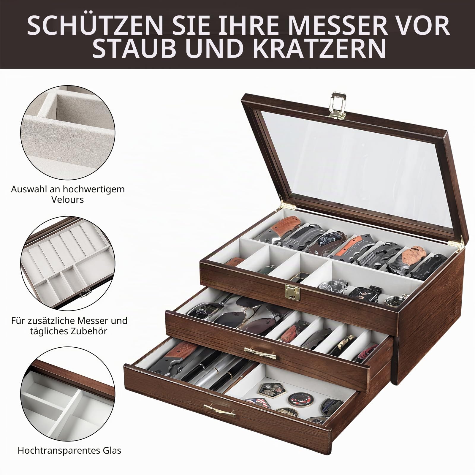 3-stöckige Messerhalter, Holz Messerständer für 17–23 Taschenmesser-Vitrine, Taschenmesser-Sammlung mit Echtglasfenster oben, Messer-Aufbewahrungsbox als Geschenk für Männer (Nussbaum)