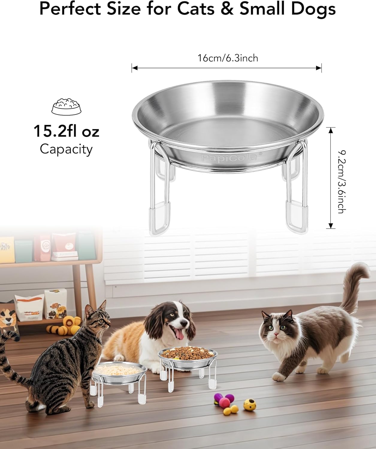 Stainless Steel Cat Bowls Set, 2 Flat Dishes + 2 Elevated Cat Bowls with Stand, Whisker Friendly, Anti-Vomit, Non-Slip, 15oz Each, for Cats & Small Dogs, Dishwasher Safe