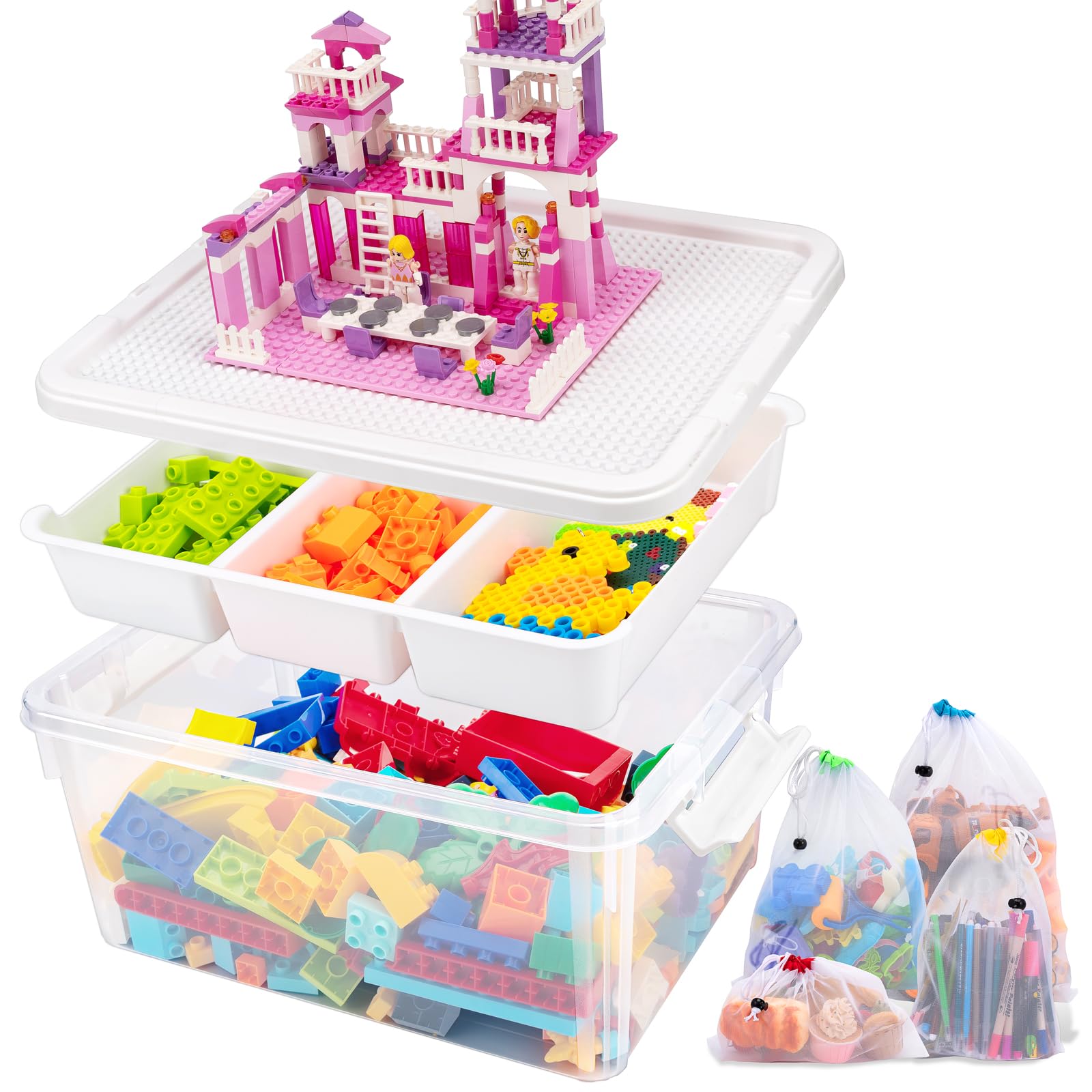 Aufbewahrungsboxen mit Deckel & AbnehmbaresTablett & Bauplatte für Bausteine Aufbewahrungsbox Spielzeug Box Stapelboxen Kunststoff Sortierboxen Kleinteile Transparent
