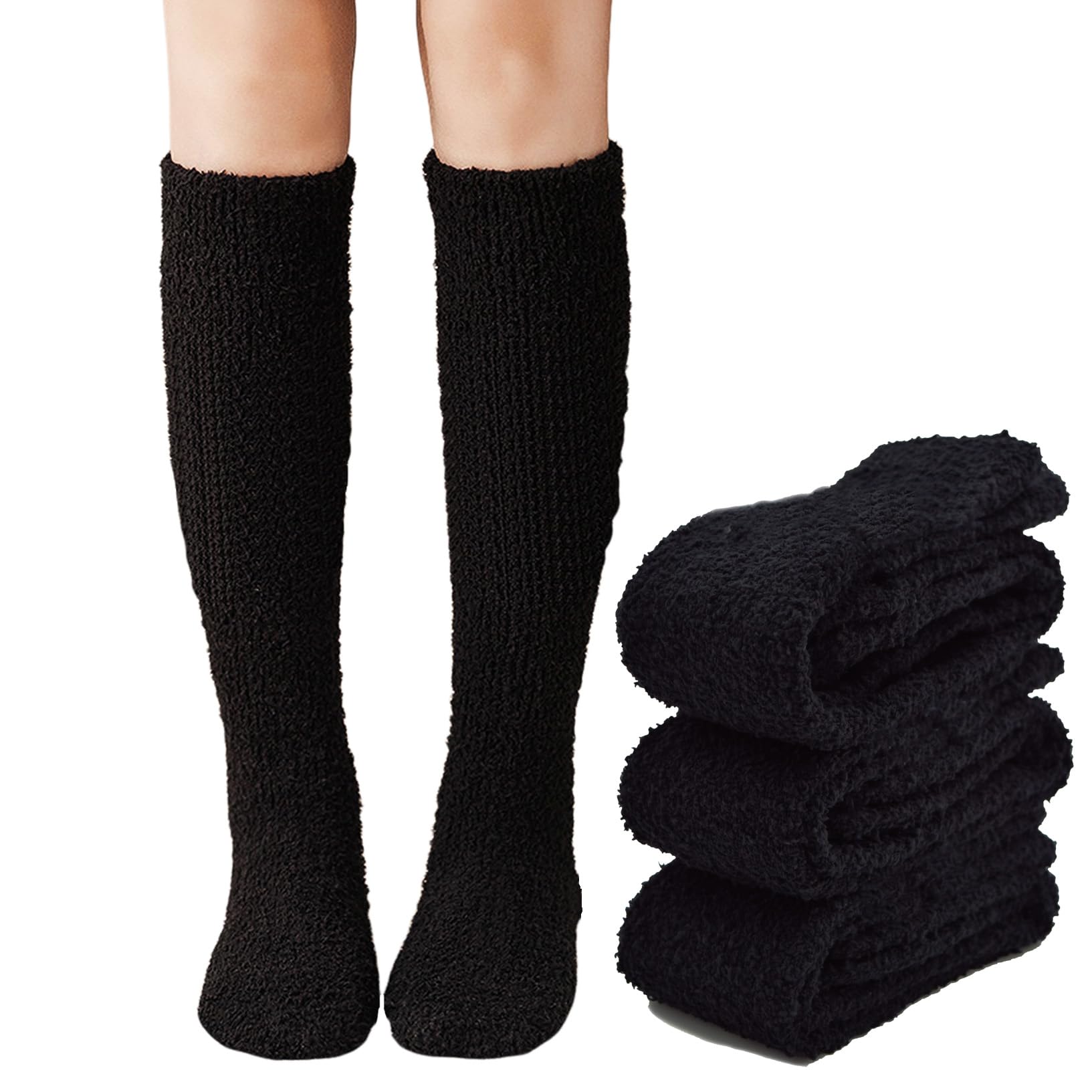 FITUWomen's Soft Warm Cozy Fuzzy Socks Plush Fluffy Fleece Socks, Below Knee 3 Pairs Black - Plastic Bag Packing, One Size