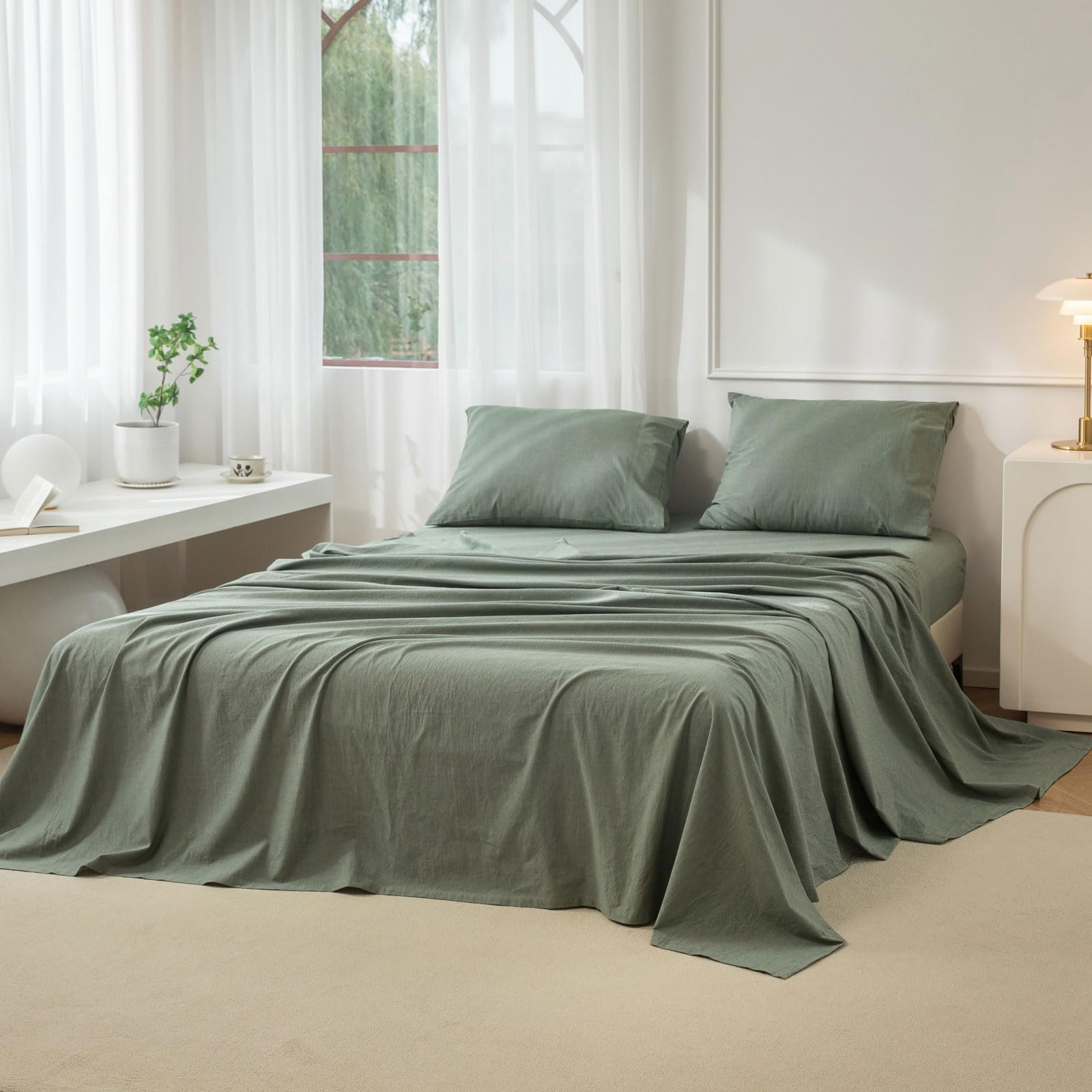 JIYUAN King Washed Cotton Sheet Set, 4-Piece, Relaxed Linen Feel | Deep Pocket Fits Mattresses up to 17". Flat Sheet & 2 Pillowcases. Naturally Soft &