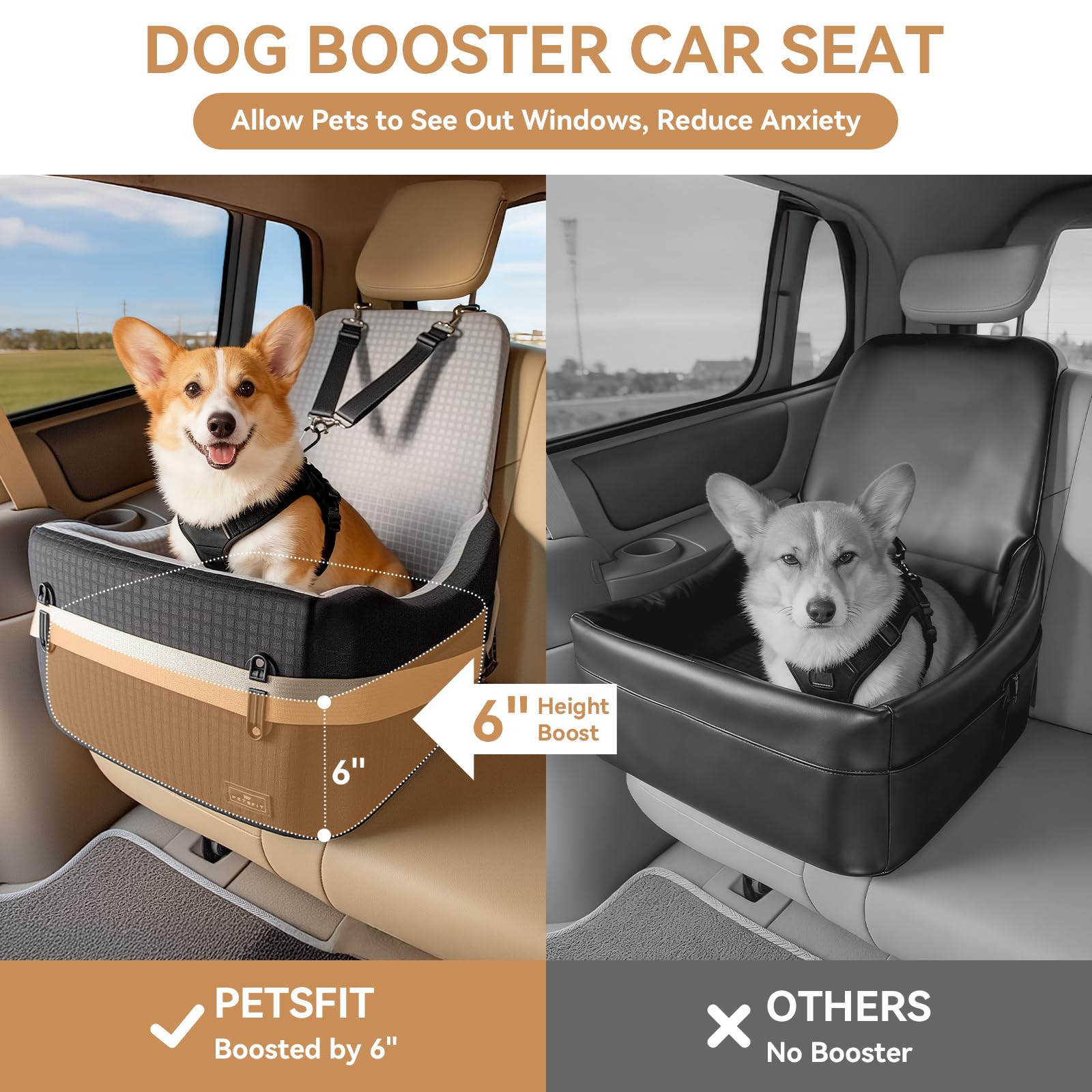 PETSFIT Dog Car Seat for Small/Medium Dogs Up to 35 lbs – Patented Safety System, 6" Memory Foam Pet Booster Car Seat, Fully Detachable and Washable Dog Carseat with 2 Storage Pockets (Black & Grey) - image 4