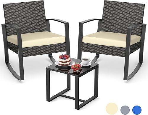 Aiho Juego de muebles de patio, sillas mecedoras de mimbre para exteriores con cojín, muebles de porche con mesa de cristal, juego de conversación