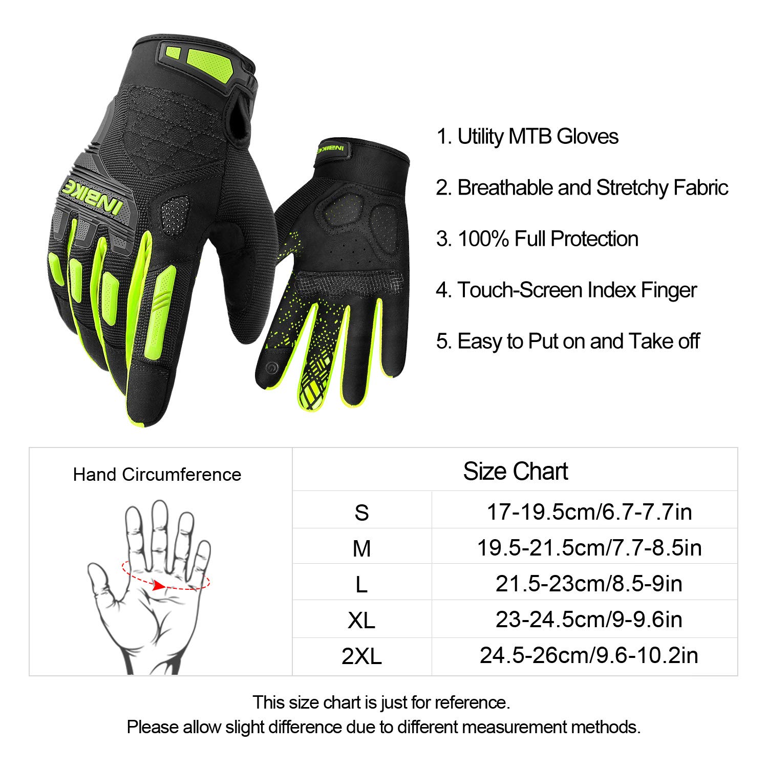 INBIKE Gants VTT Super Extensible et Respirant Gants Velo Anti-Choc et Antidérapant Idéal pour Cyclisme Exercice Sport Running S-XXL (MC020)