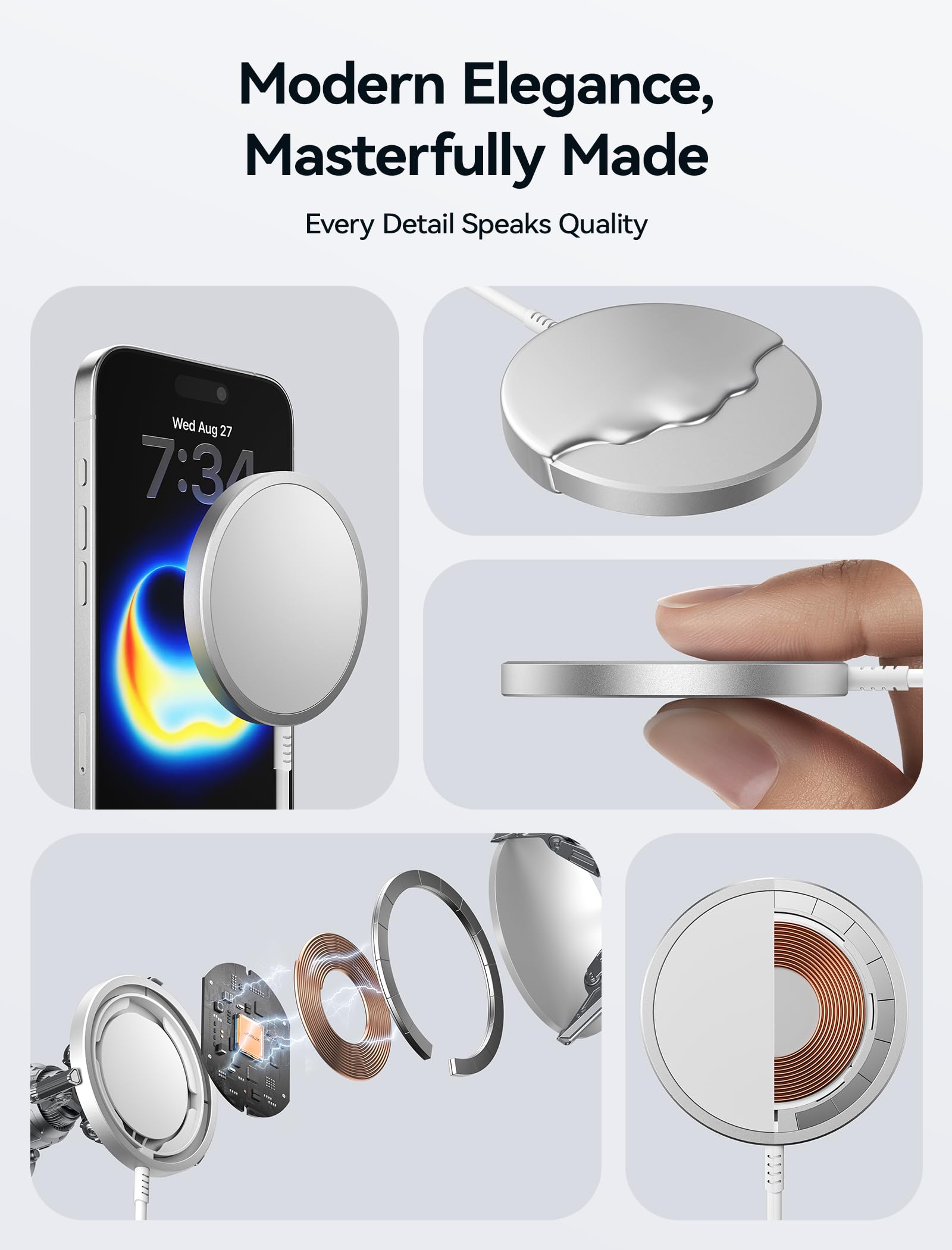 JSAUX 15W Mag-Safe Ładowarka magnetyczna kompatybilna do MagSafe iPhone 14 Plus/iPhone 14 Pro Max/iPhone 13 Pro Max/13 Pro Max/13 Mini/13 Pro/13/12 Mini/12 Pro Max/Airpods Pro Srebrny