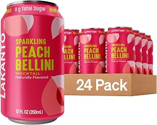 Lakanto Sparkling Peach Bellini Mocktail Non Alcoholic Drink - 0g Sugar, Naturally Sweetened with Monk Fruit & Allulose, Ready to Drink, Better for You Soda Pop (24 Pack)