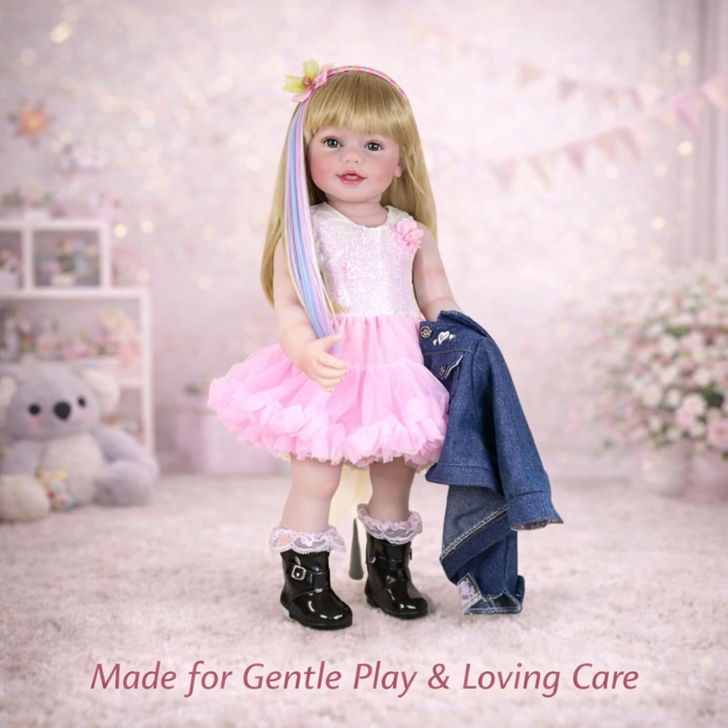 Rainbow Dreams Reborn Toddler Doll – 22” Lifelike Blonde Wig with Rainbow Highlights, Light Skin Tone, Denim Jacket & Pink Tutu Dress – Full Vinyl Body with Accessories – Ages 3+