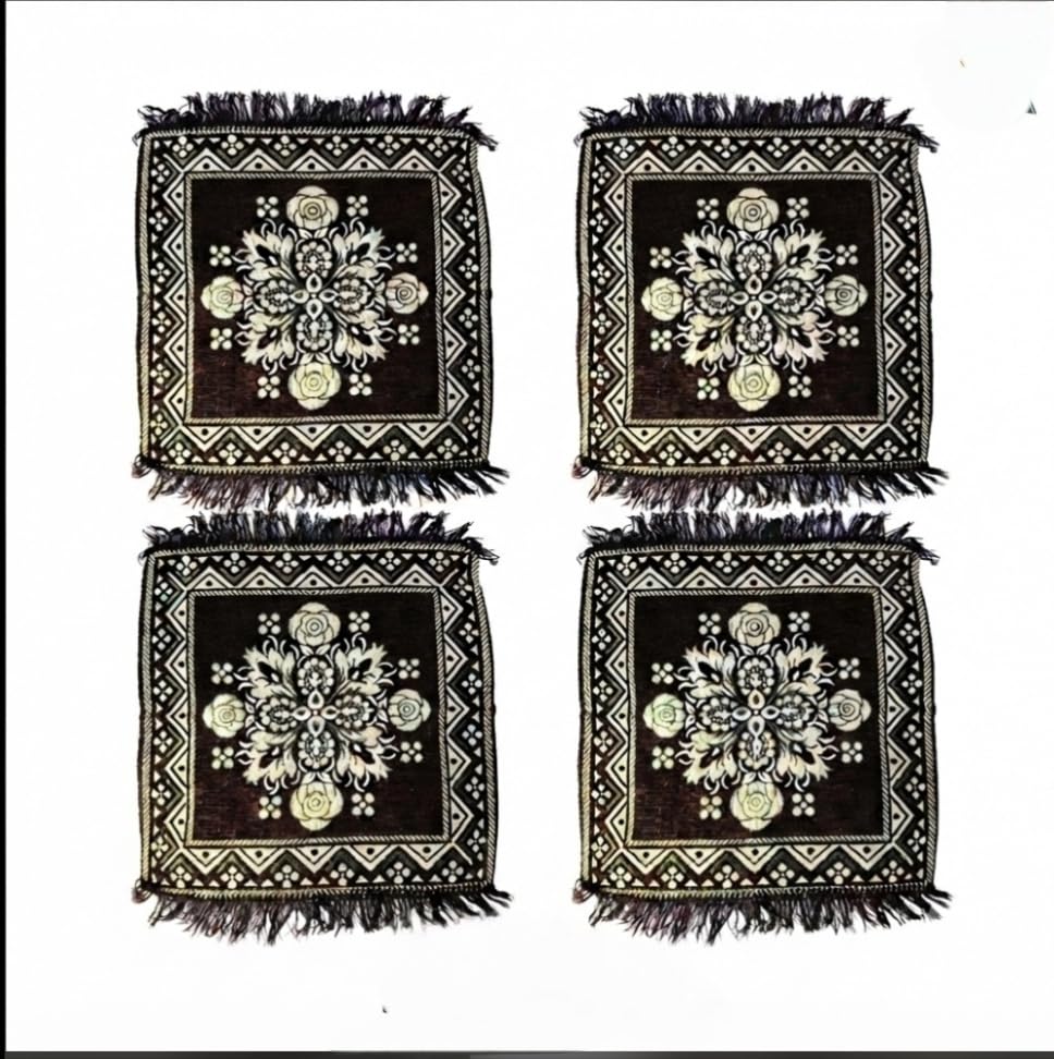 Set of 4 Chenille Worship mats Pooja Asan (19 × 19) Premium Velvet Designer Table Mats/Pooja Aasan/Multi-Purpose Mats - Set of 4 (Coffee Rose Petal)-image-18