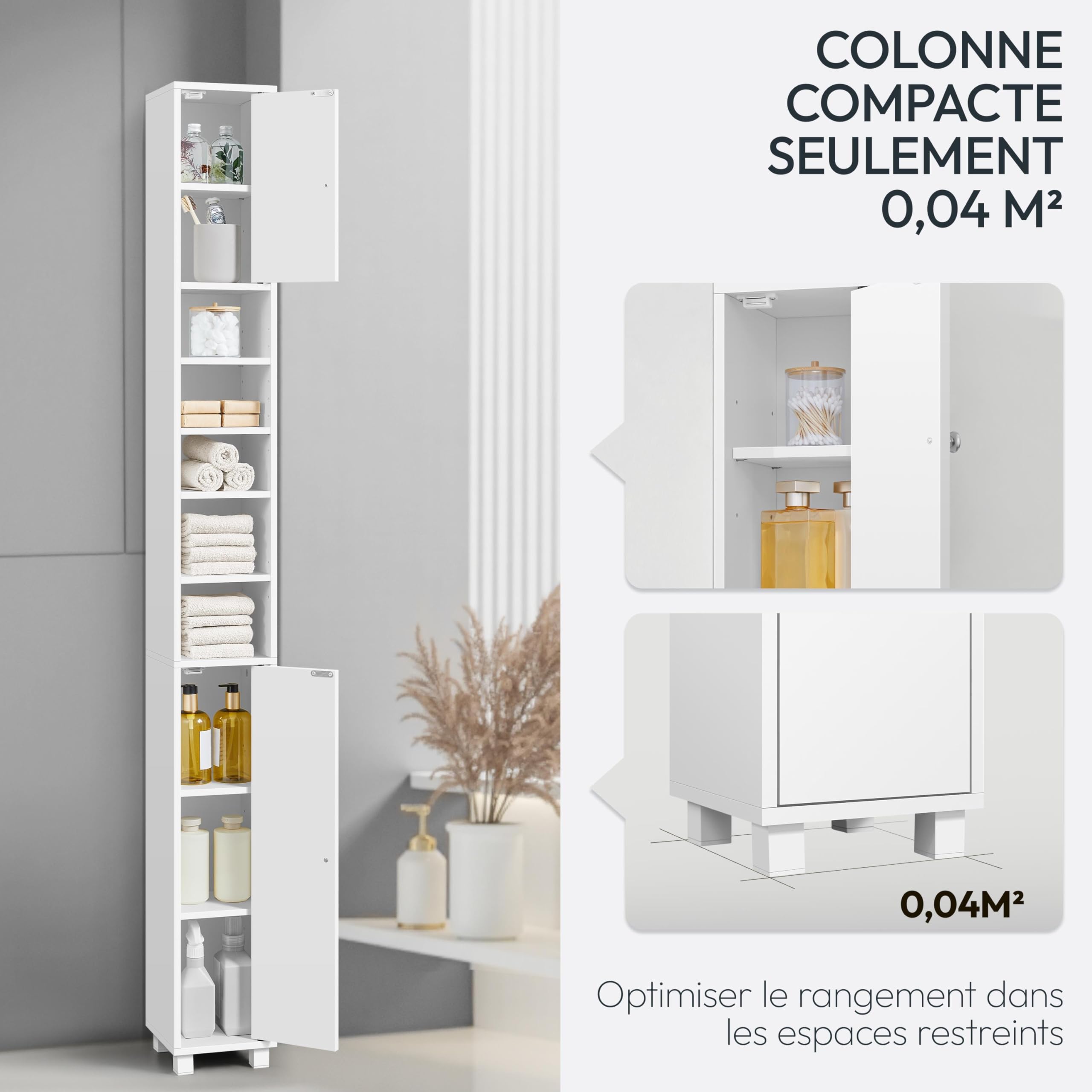 Abician Meuble Colonne Salle de Bain 20 cm - Armoire de Rangement Étroite avec Tiroir et Étagères Réglables - Meuble Salle de Bain Compact pour WC, Blanc, 20x20x180cm