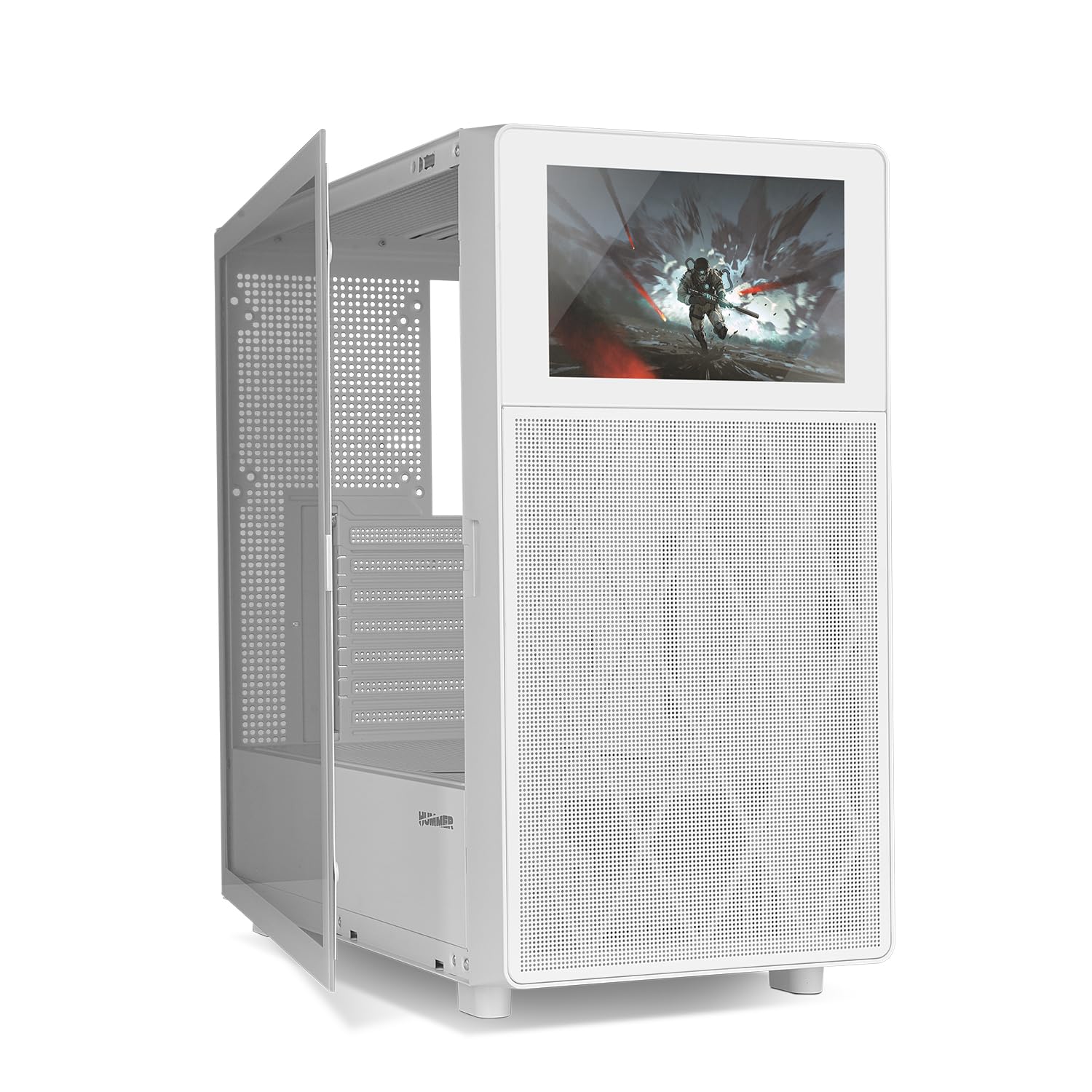 NOX XTREME PRODUCTS HUMMER BIOS - Semitower ATX|M-ATX| ITX, Display LCD da 8” personalizzabile, Pannello frontale rete metallica, laterale vetro temperato, Spazio per 11 ventole, USB-C e 3.0, Bianco