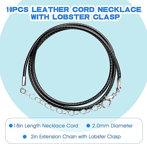 Miniatura 4 de TIESOME Collar de cordón de cuero, 10 unidades, impermeable, trenzado, cadena de cuerda tejida en negro, cadena de cuerda con cierre de langosta