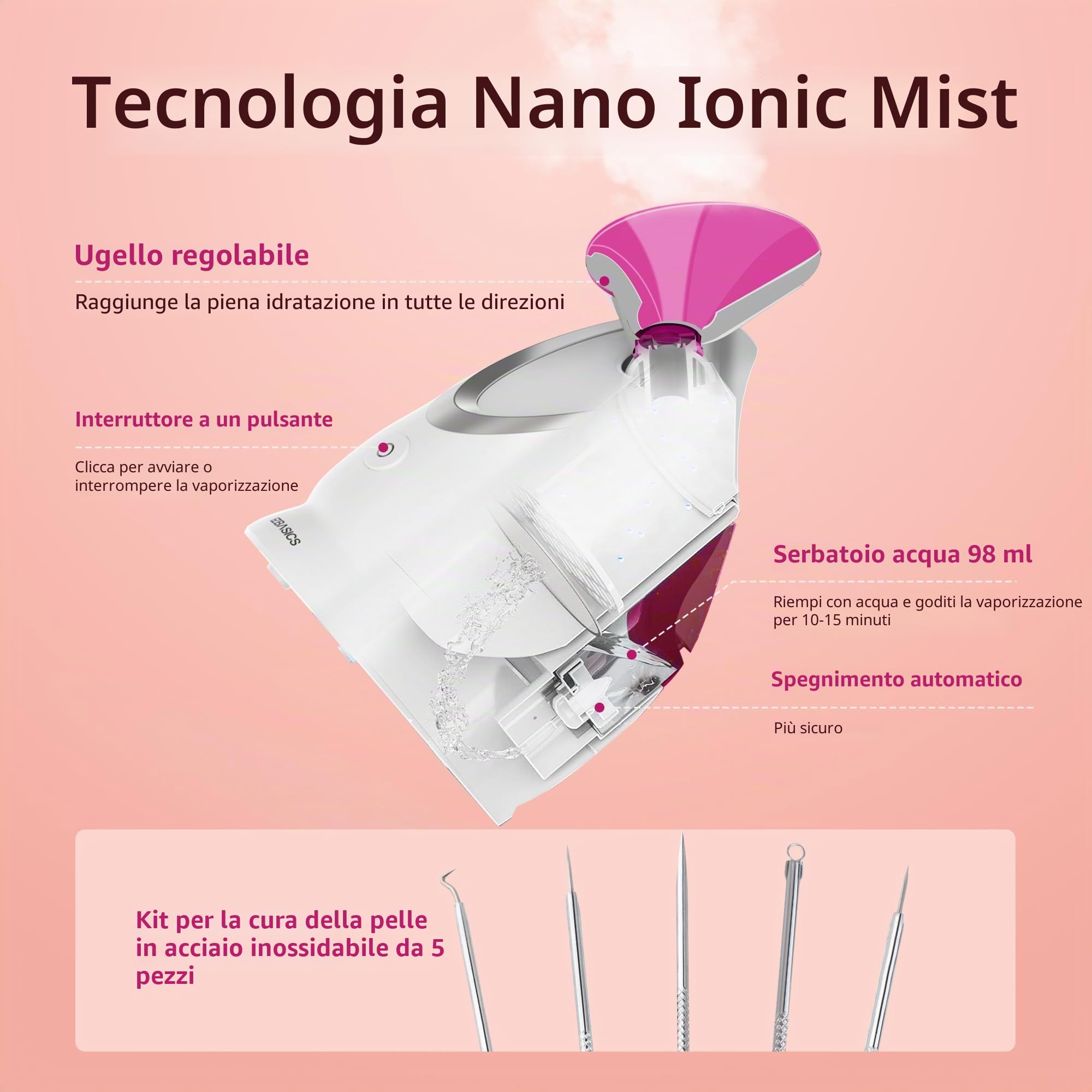 Vaporizzatore Viso Vaporizzatore Facciale Nano-Ionico Sauna Facciale Domestica, Libera Pori, Atomizzatore a Nebbiolina Tiepida, Umidificatore Spa Facciale 1 Pack + 5 Stainless Steel Skin Kit Rosa