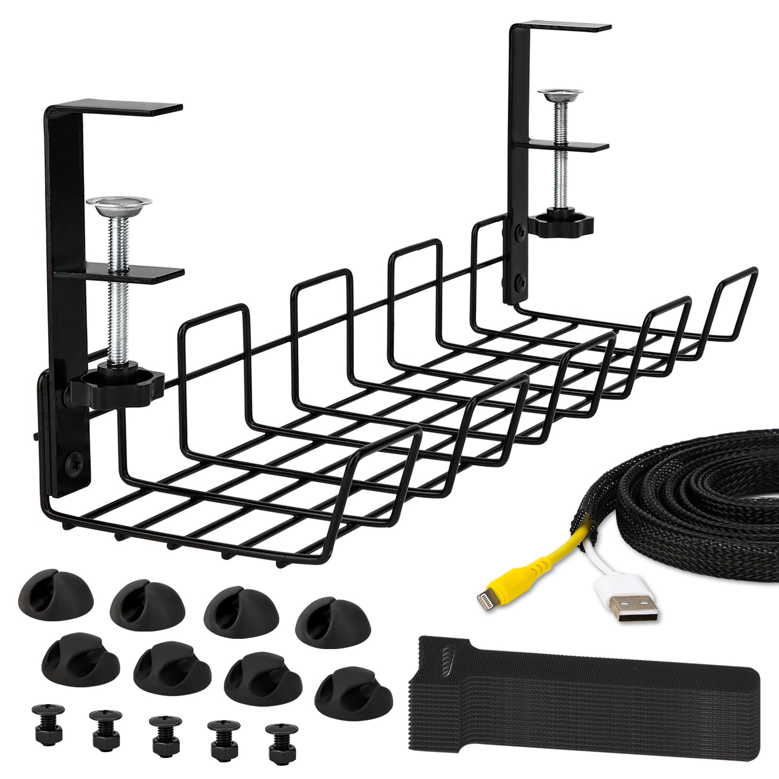 Under Desk Cable Management Tray Kit 25PCS - No Drill Cable Basket with 2m Cable Tidy Sleeve and 15 Cable Ties for Desk Wire Management, Black Metal PC Cord Organizer for Home Office Computer Desk